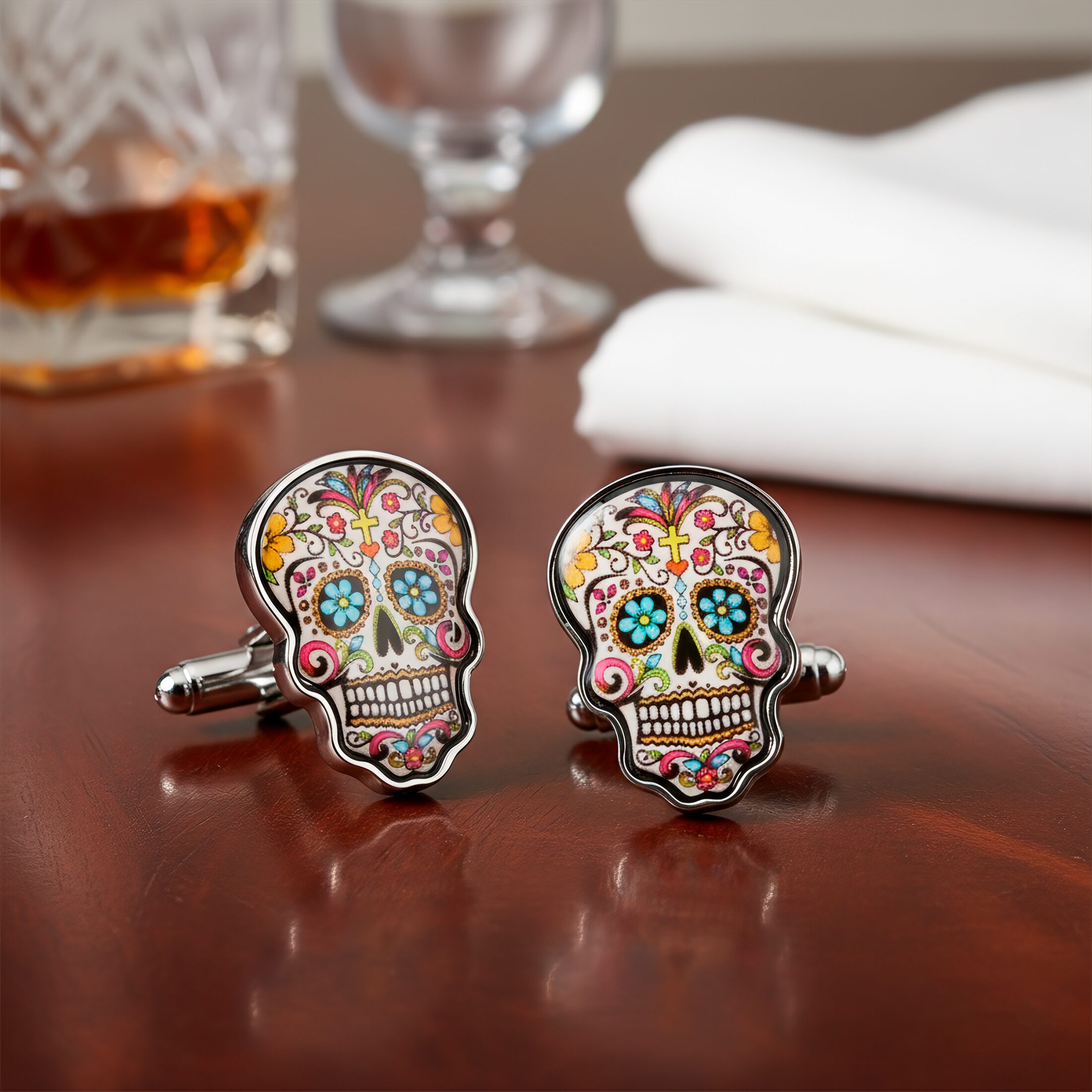 Mancuernillas Calavera Gemelos marca no especificada de acero inoxidable azul diseño lujo para camisa formal con acabado brillante GMACB