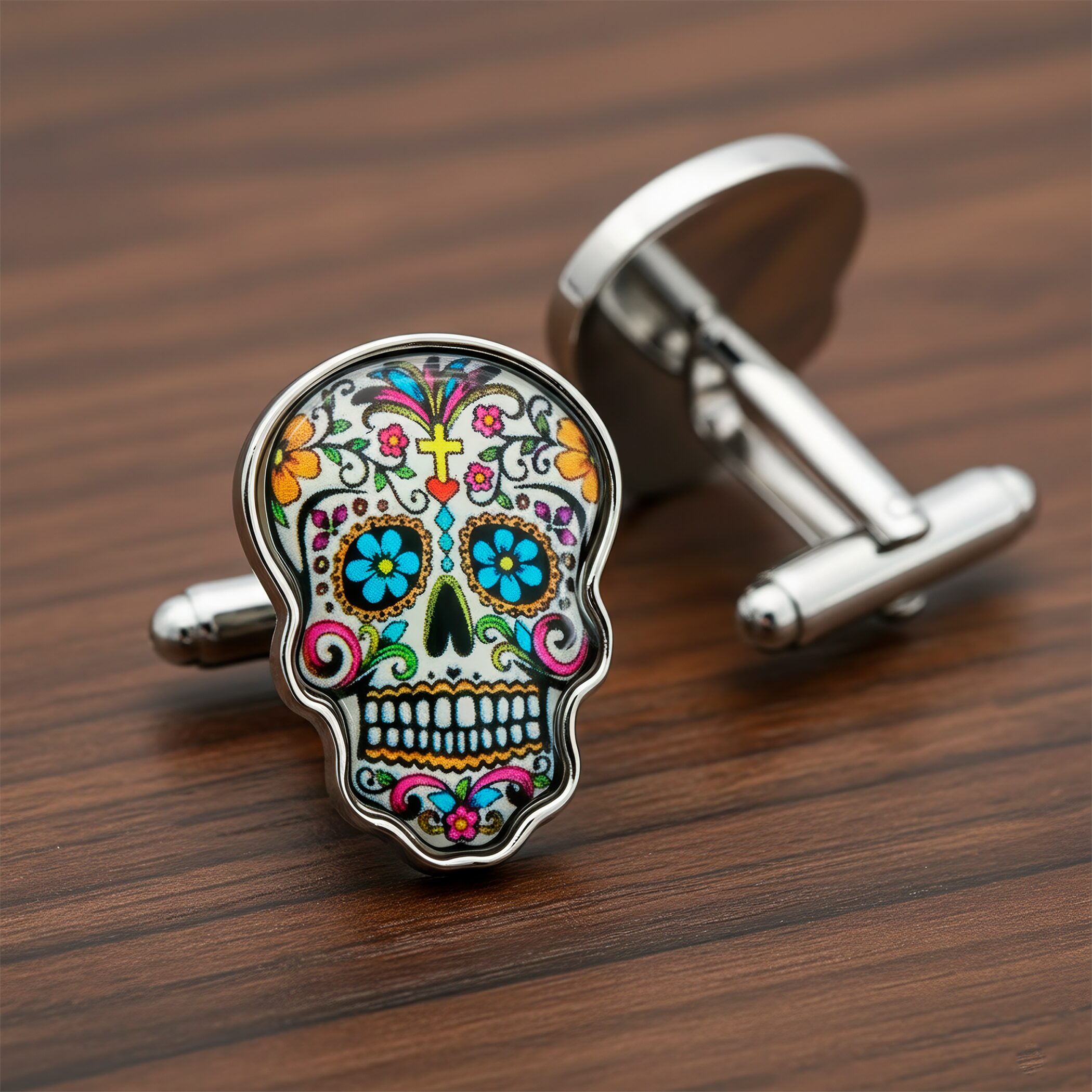 Mancuernillas Calavera Gemelos marca no especificada de acero inoxidable azul diseño lujo para camisa formal con acabado brillante GMACB