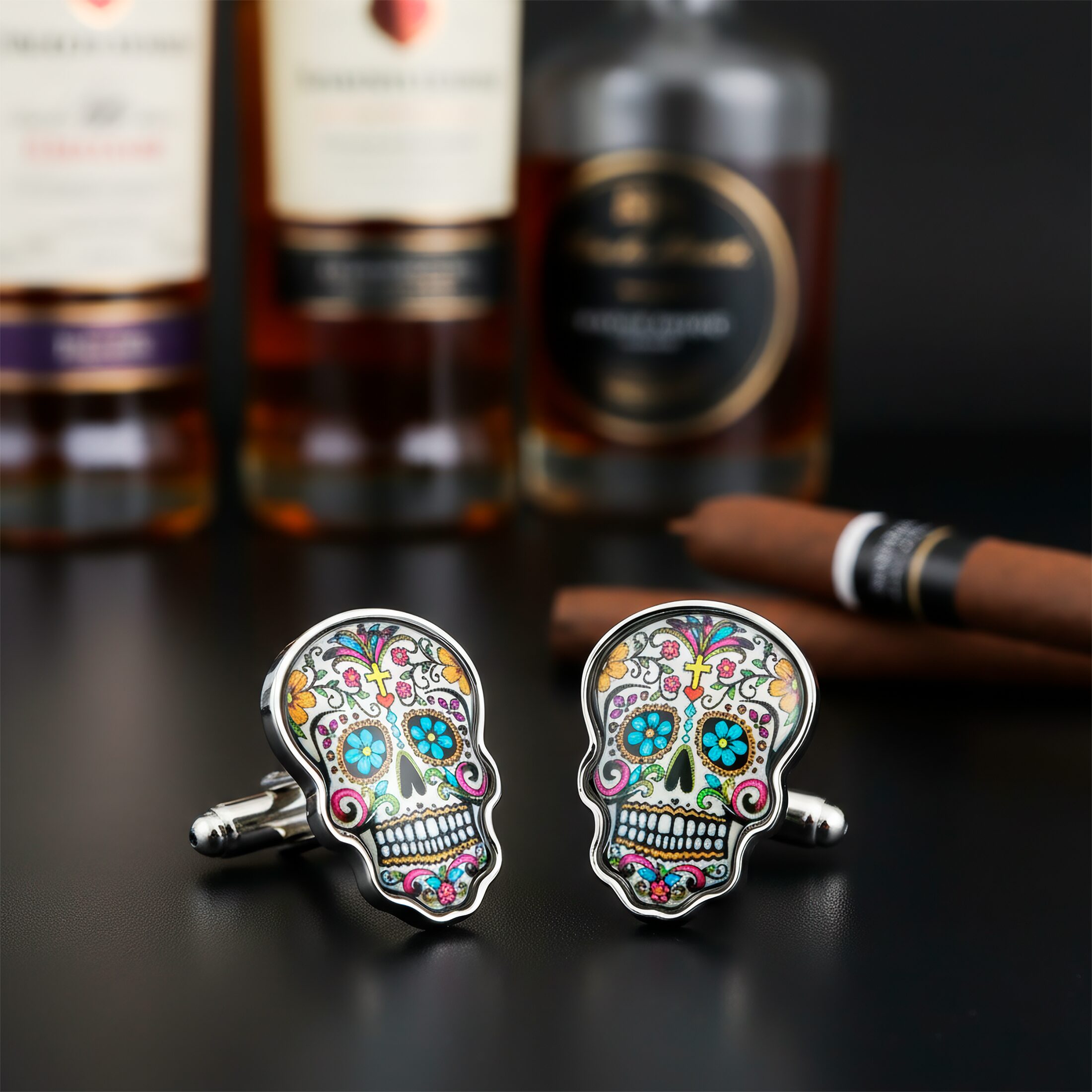 Mancuernillas Calavera Gemelos marca no especificada de acero inoxidable azul diseño lujo para camisa formal con acabado brillante GMACB