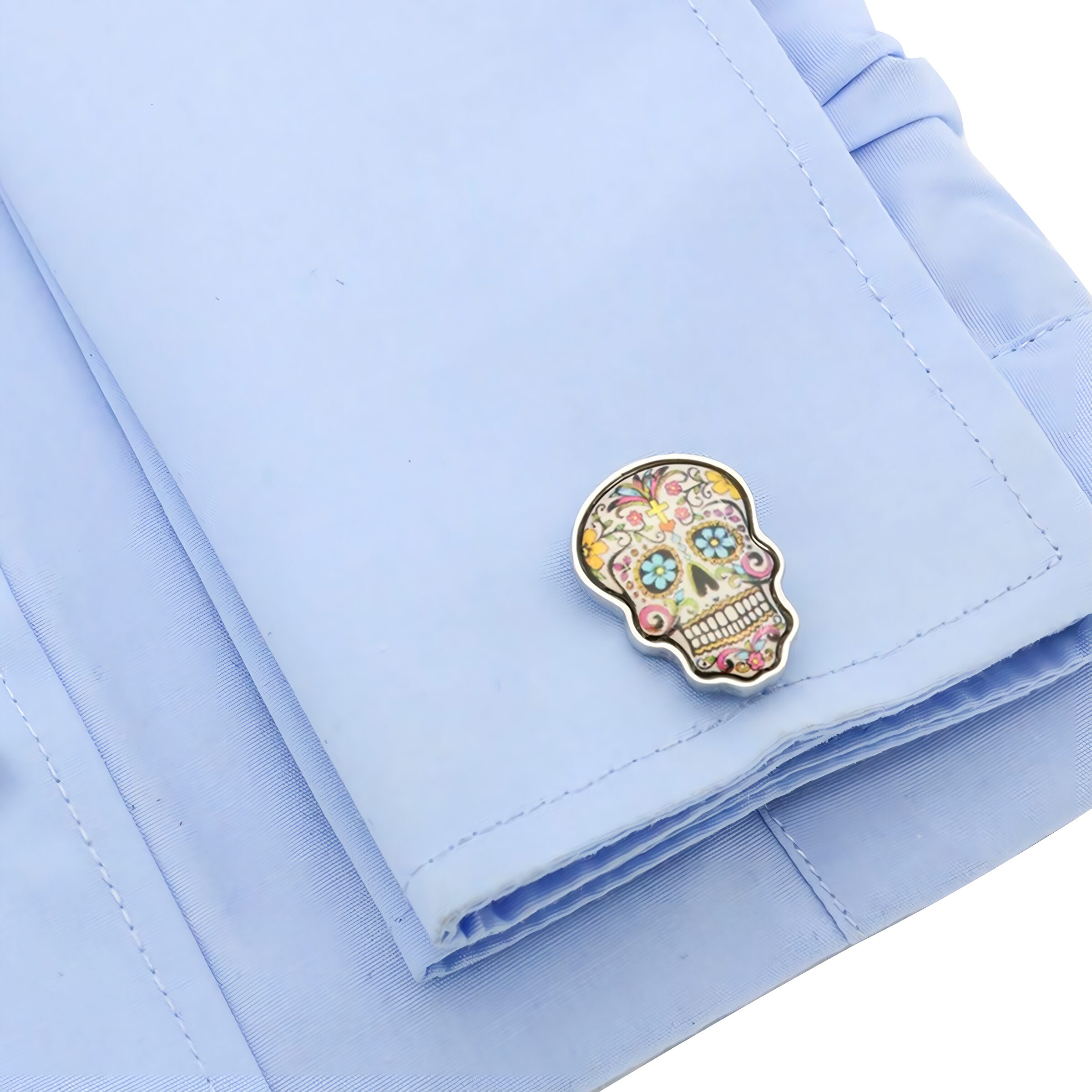 Mancuernillas Calavera Gemelos marca no especificada de acero inoxidable azul diseño lujo para camisa formal con acabado brillante GMACB
