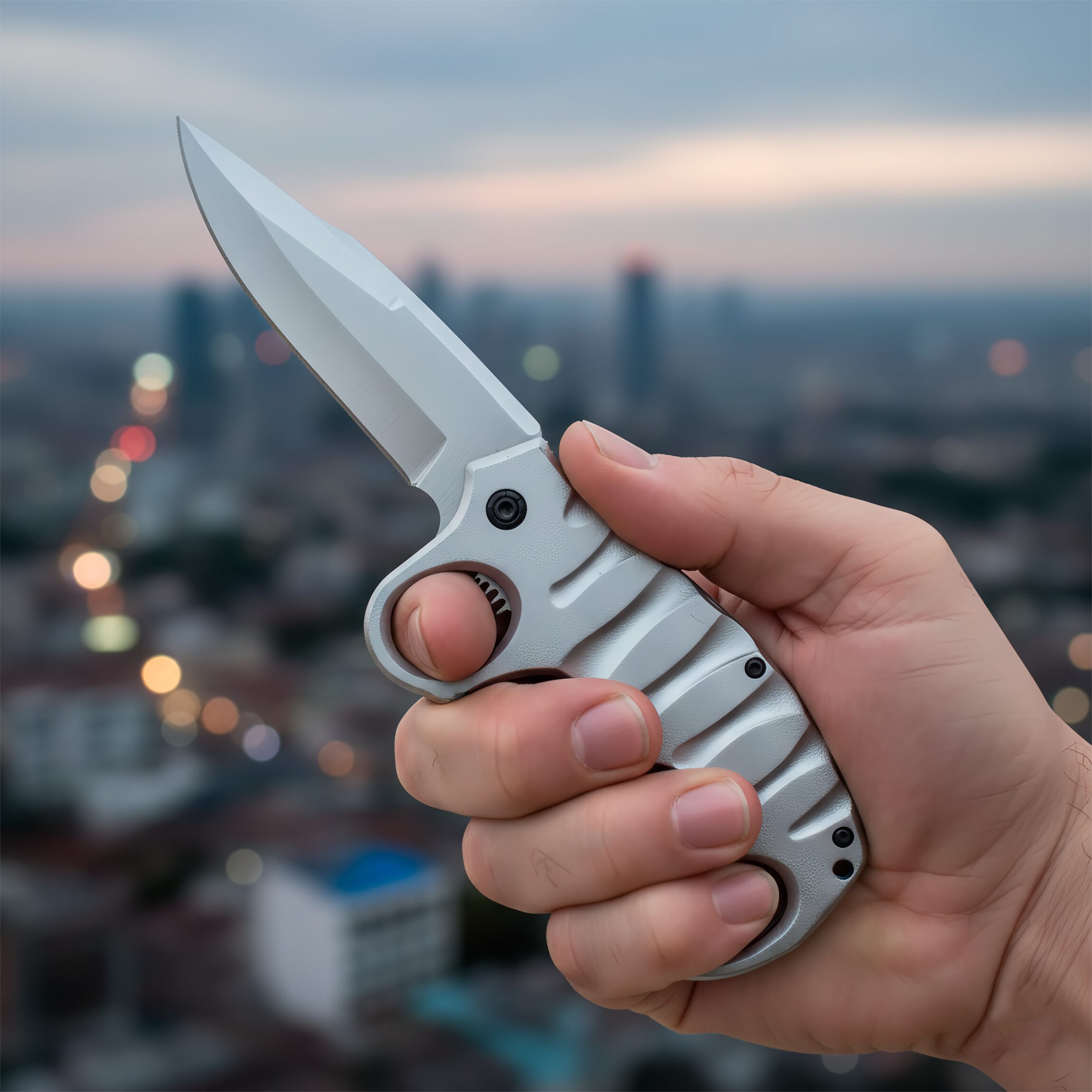 Manopla con Navaja marca Razor Tactical modelo RT 7137SL-1, navaja automática de acero inoxidable con hoja afilada de 9 cm y clip para fácil transporte.