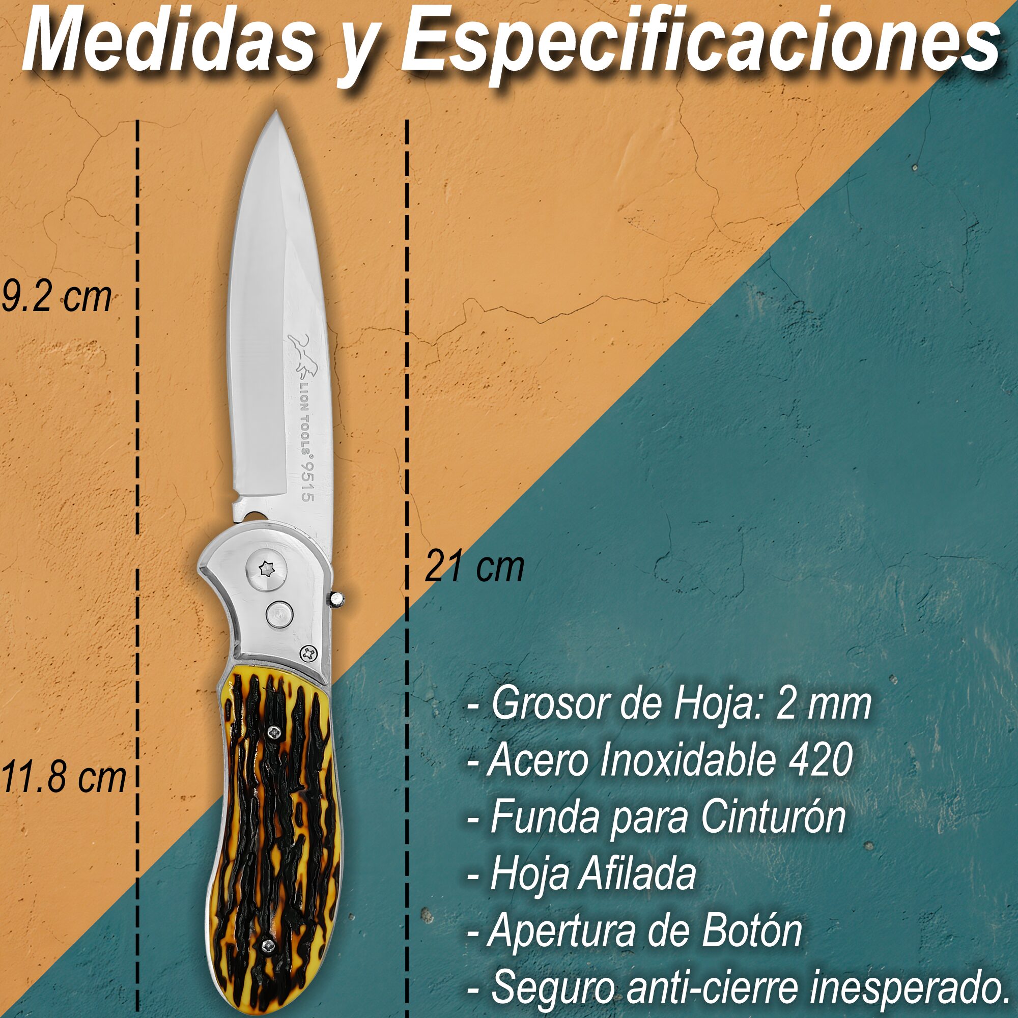 Navaja Automática Cachas Tipo Hueso Lion Tools modelo 9515 para caza uso rudo con hoja de acero inoxidable 420 y apertura automática de botón