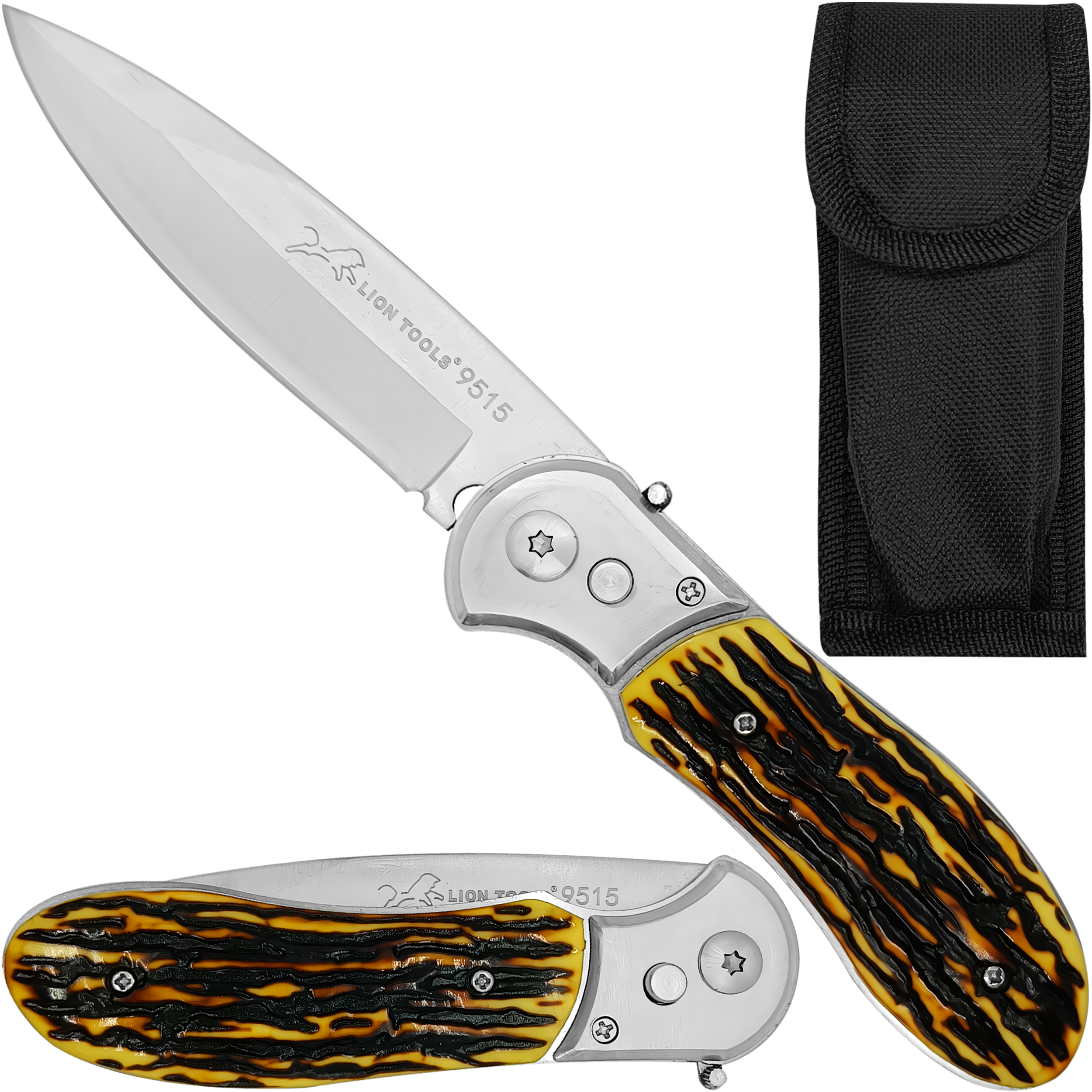 Navaja Automática Cachas Tipo Hueso Lion Tools modelo 9515 para caza uso rudo con hoja de acero inoxidable 420 y apertura automática de botón