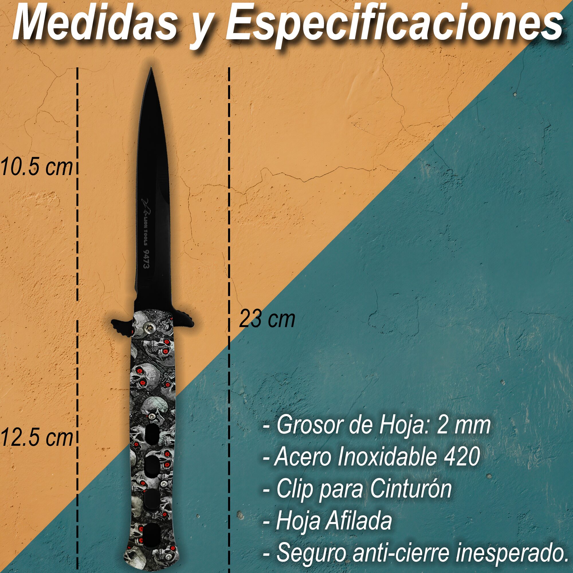 Navaja Automática Calavera Lion Tools modelo 9473 acero inoxidable 420 pavonada táctica con clip para cinturón y apertura SpeedSafe