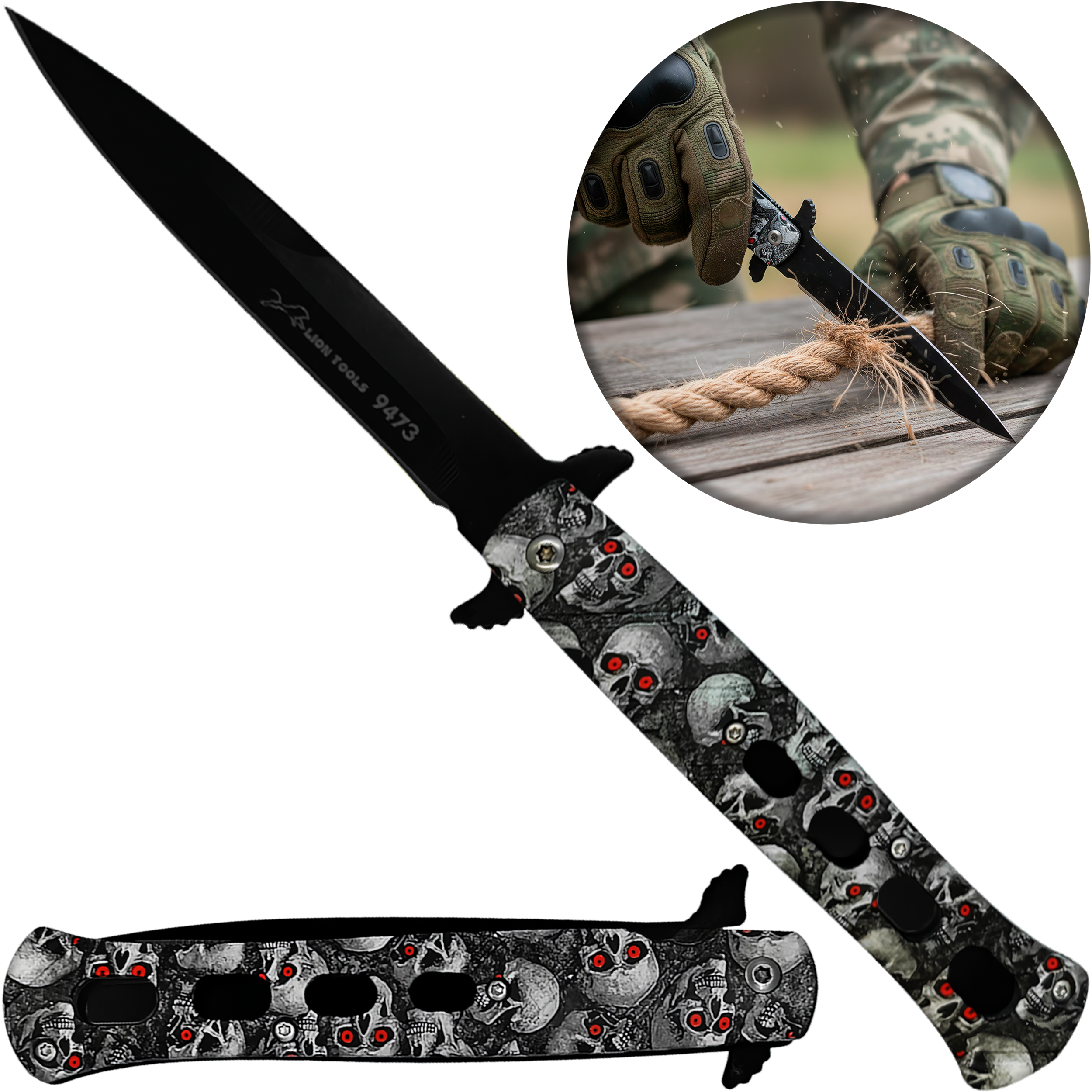 Navaja Automática Calavera Lion Tools modelo 9473 acero inoxidable 420 pavonada táctica con clip para cinturón y apertura SpeedSafe