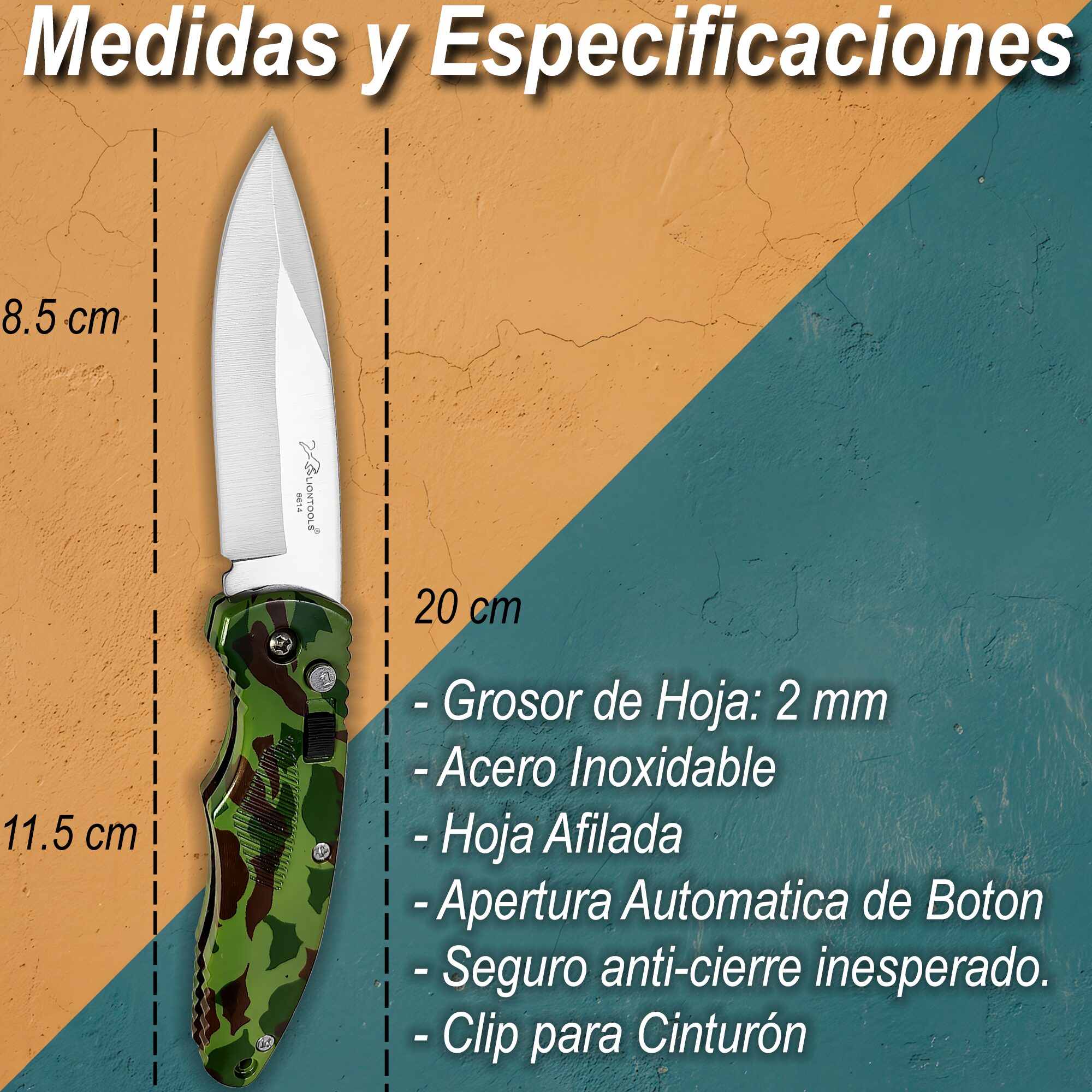 Navaja Automática Lion Tools estilo campismo con apertura de botón, hoja de acero inoxidable y clip para cinturón. 6614