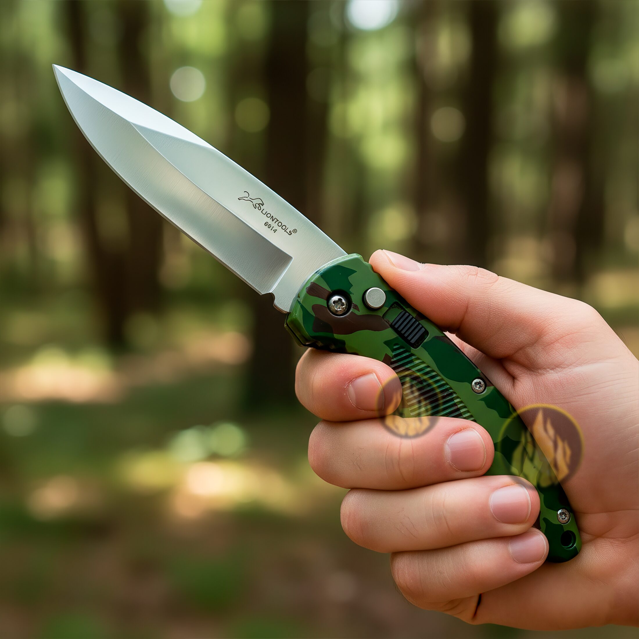 Navaja Automática Lion Tools estilo campismo con apertura de botón, hoja de acero inoxidable y clip para cinturón. 6614