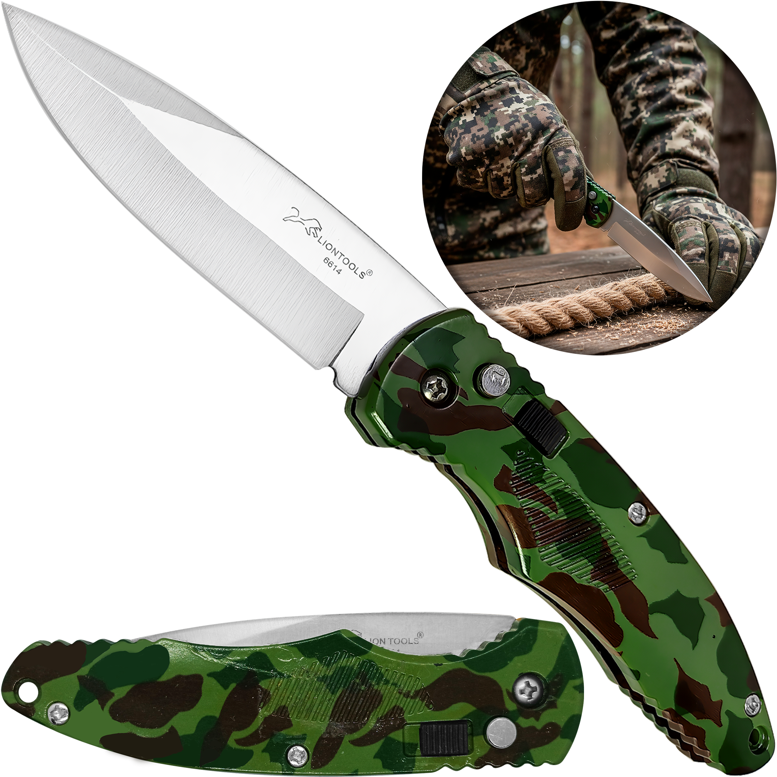 Navaja Automática Lion Tools estilo campismo con apertura de botón, hoja de acero inoxidable y clip para cinturón. 6614
