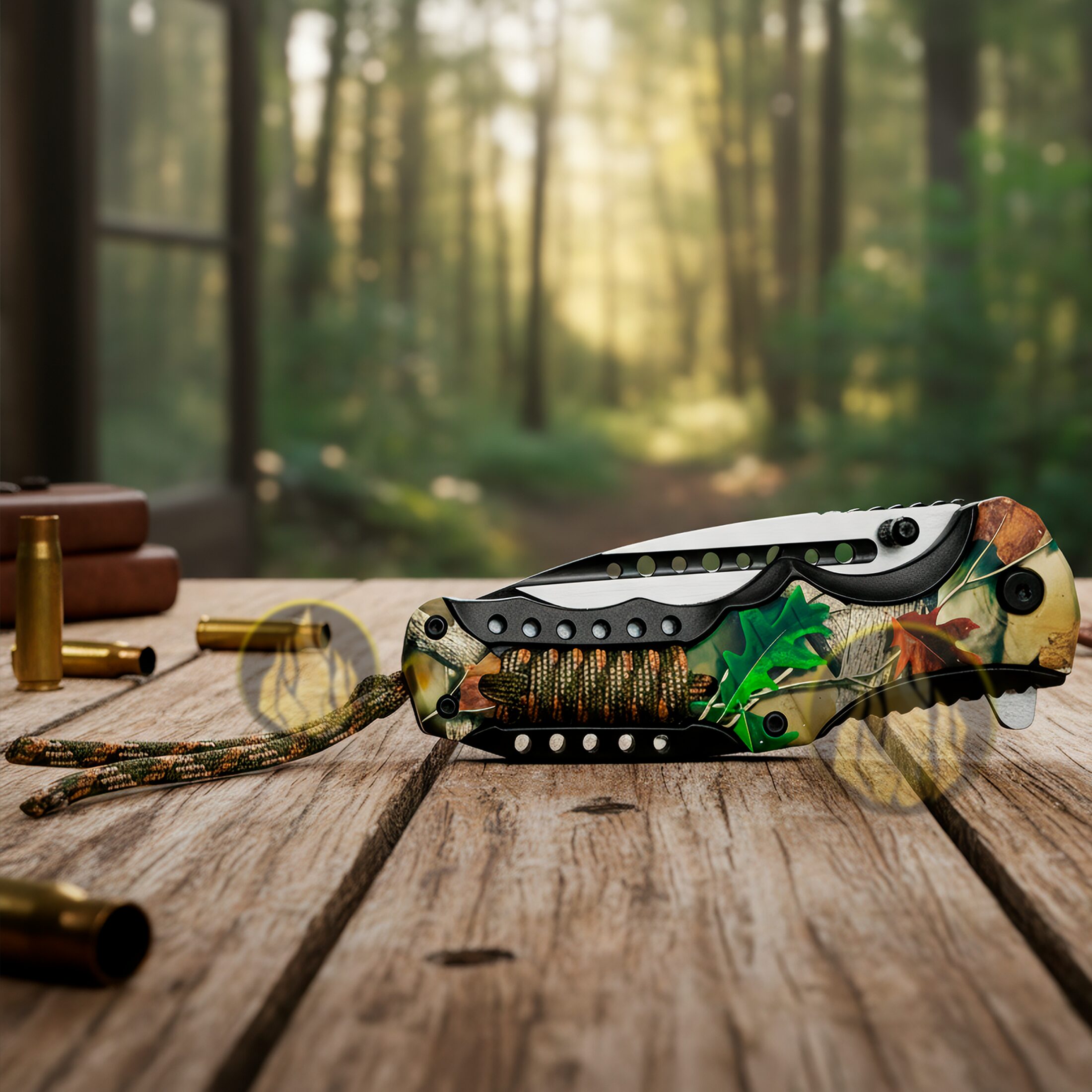 Navaja Automática Camuflaje Cuerda Paracord uso rudo con hoja de acero inoxidable y clip para cinturón. 8569