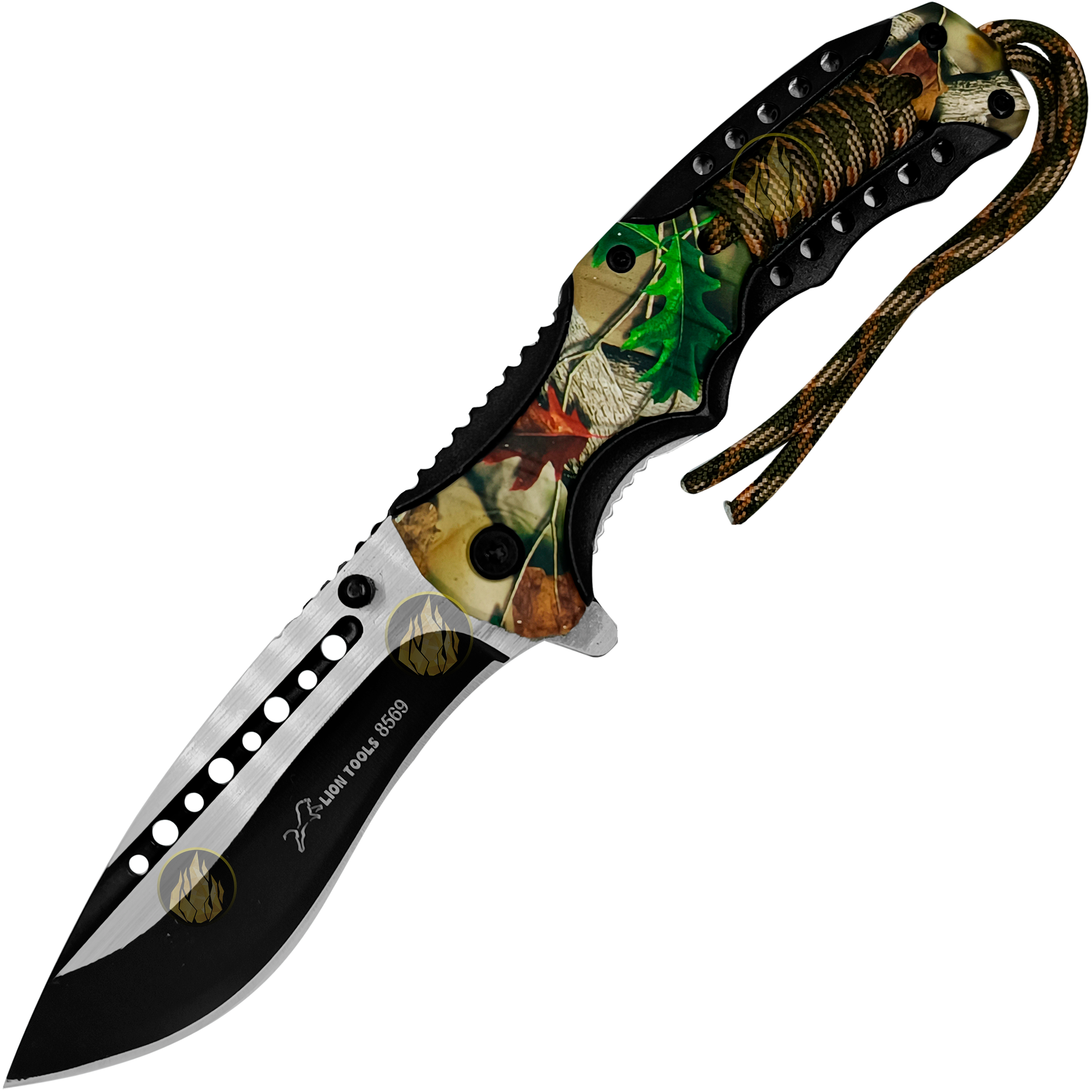 Navaja Automática Camuflaje Cuerda Paracord uso rudo con hoja de acero inoxidable y clip para cinturón. 8569