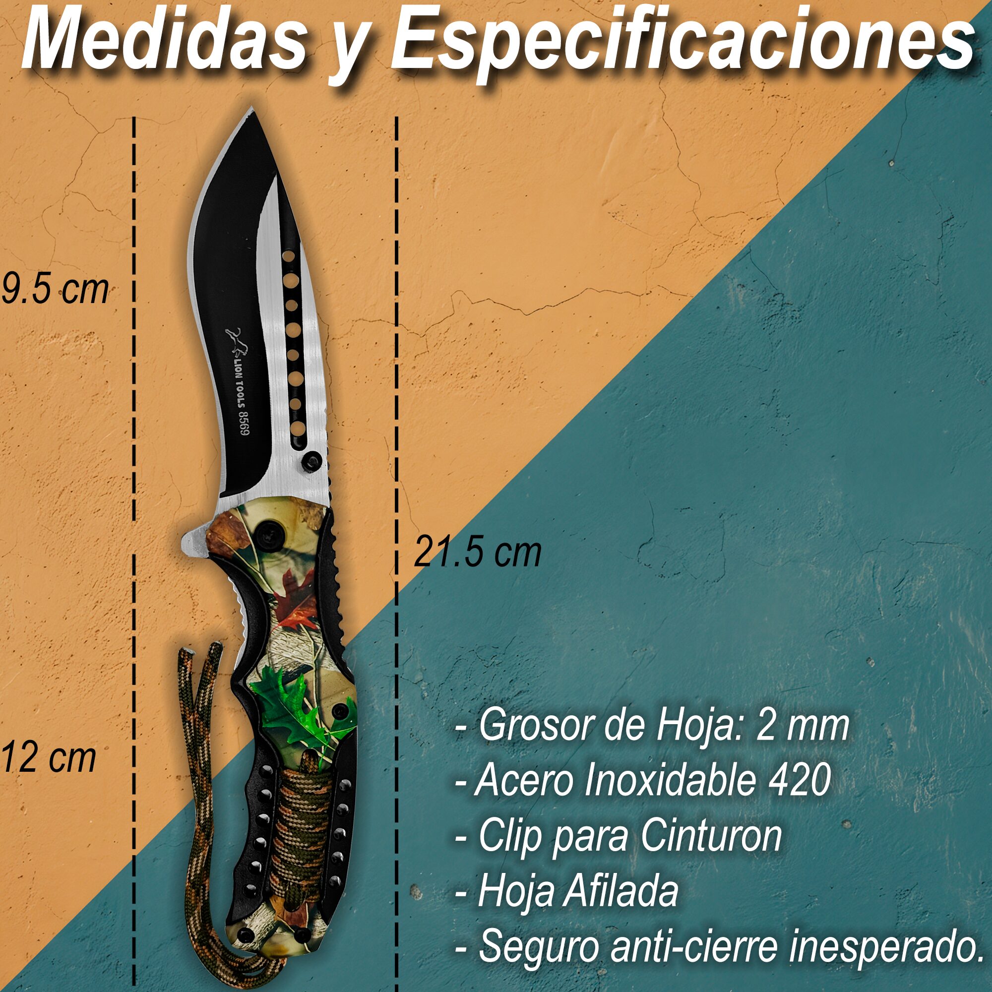 Navaja Automática Camuflaje Cuerda Paracord uso rudo con hoja de acero inoxidable y clip para cinturón. 8569