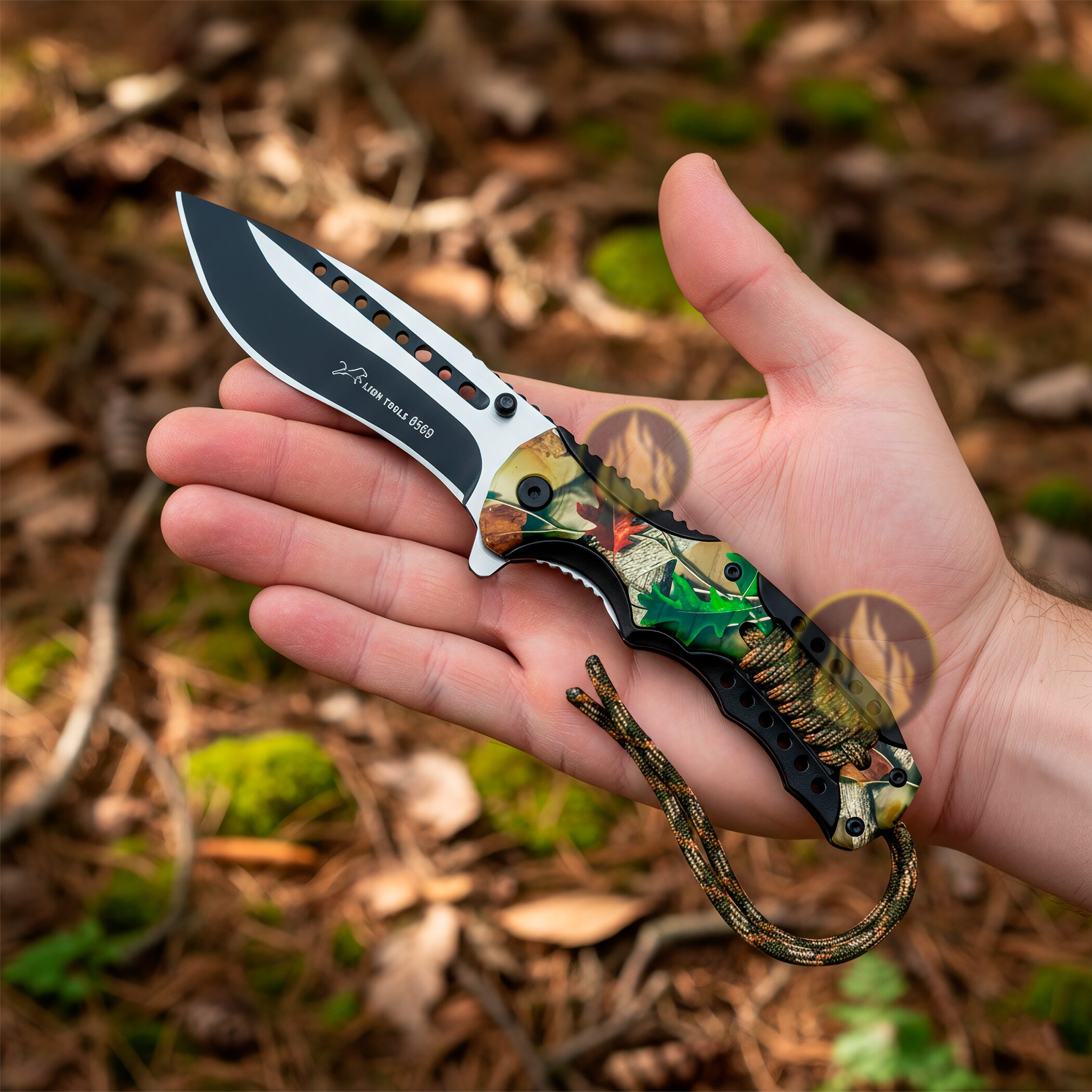 Navaja Automática Camuflaje Cuerda Paracord uso rudo con hoja de acero inoxidable y clip para cinturón. 8569