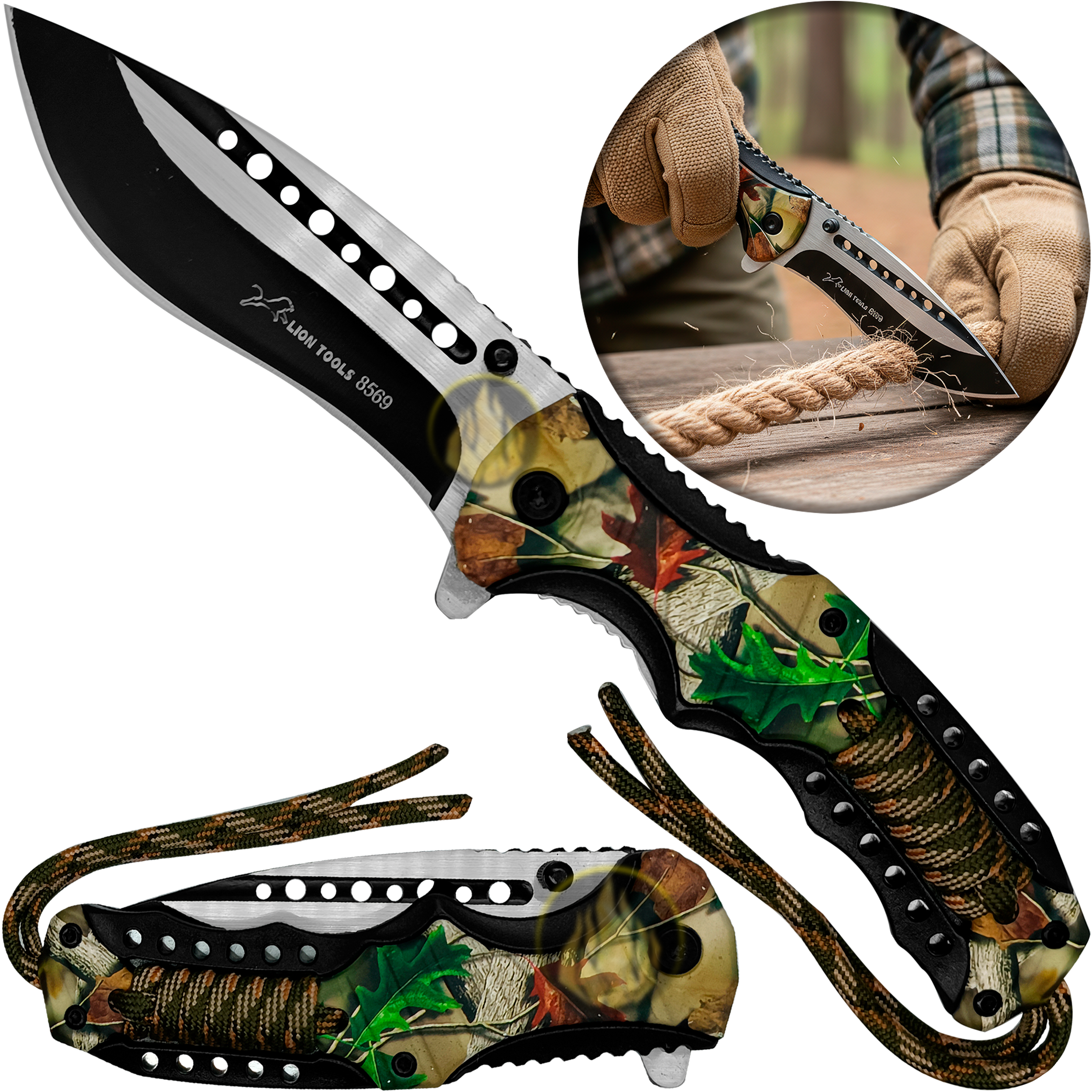 Navaja Automática Camuflaje Cuerda Paracord uso rudo con hoja de acero inoxidable y clip para cinturón. 8569