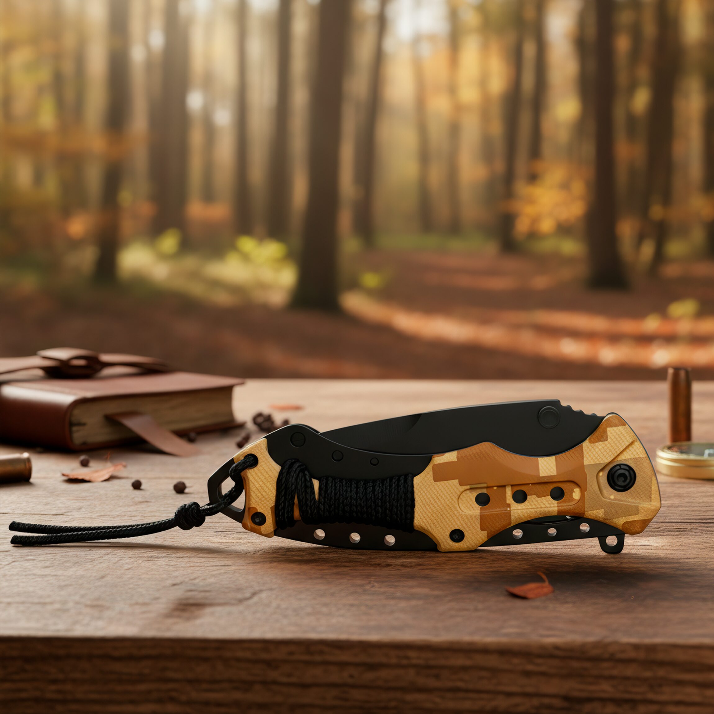 Navaja Automatica de Acero marca Razor Tactical modelo táctico militar, hoja 440 inoxidable de 9 cm con filo liso y dentado, clip de cinturón y diseño camuflaje para caza y supervivencia. RT 7022CA