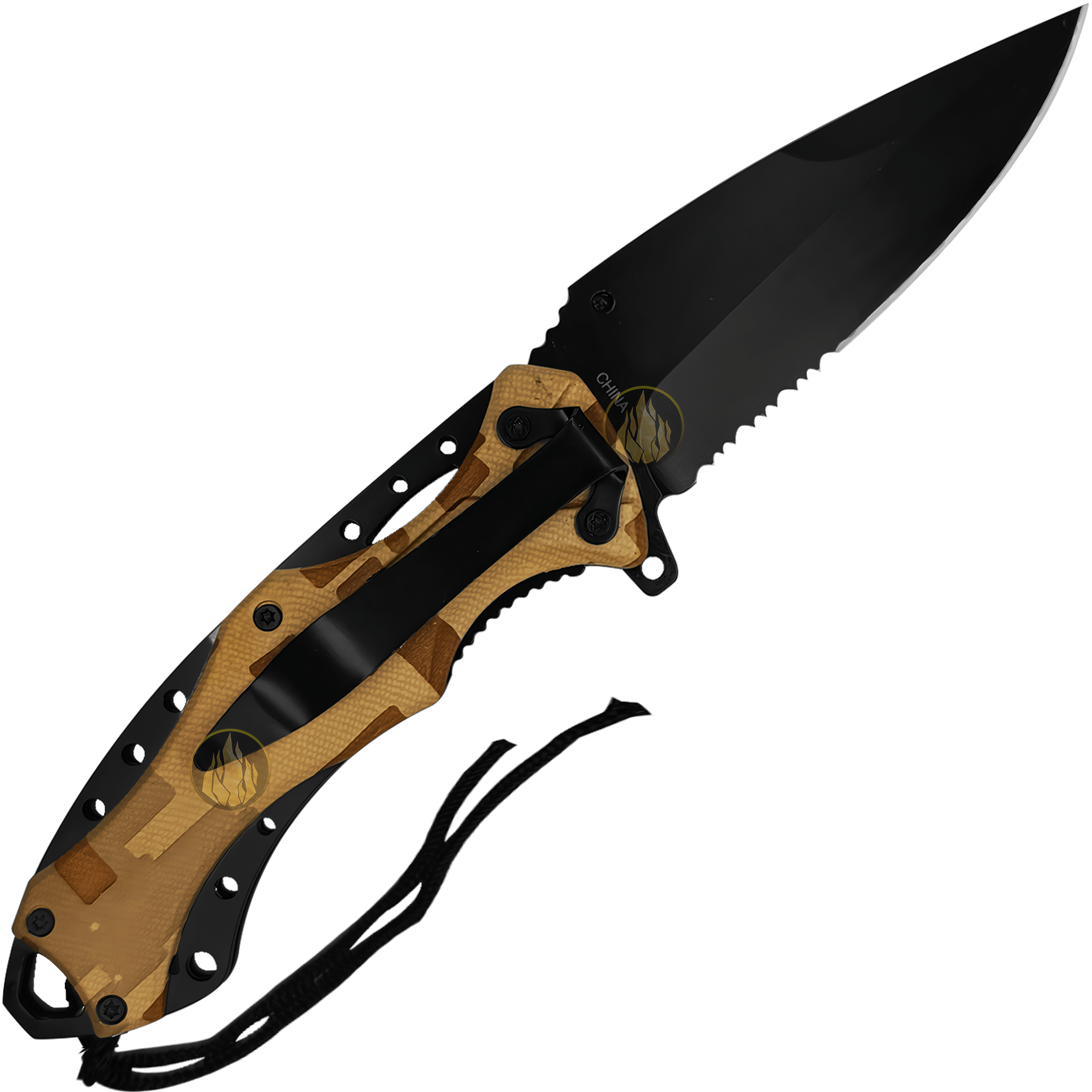 Navaja Automatica de Acero marca Razor Tactical modelo táctico militar, hoja 440 inoxidable de 9 cm con filo liso y dentado, clip de cinturón y diseño camuflaje para caza y supervivencia. RT 7022CA