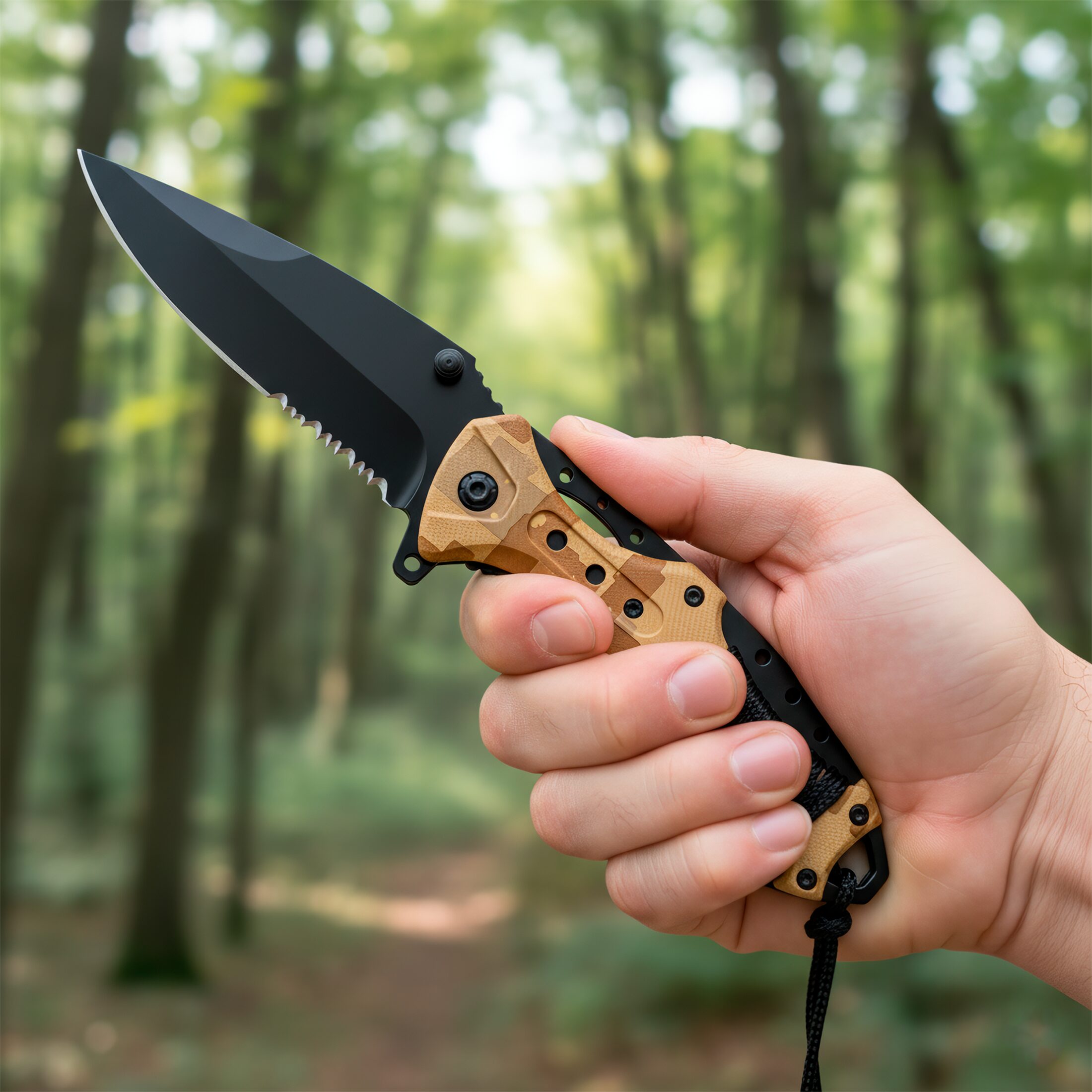 Navaja Automatica de Acero marca Razor Tactical modelo táctico militar, hoja 440 inoxidable de 9 cm con filo liso y dentado, clip de cinturón y diseño camuflaje para caza y supervivencia. RT 7022CA