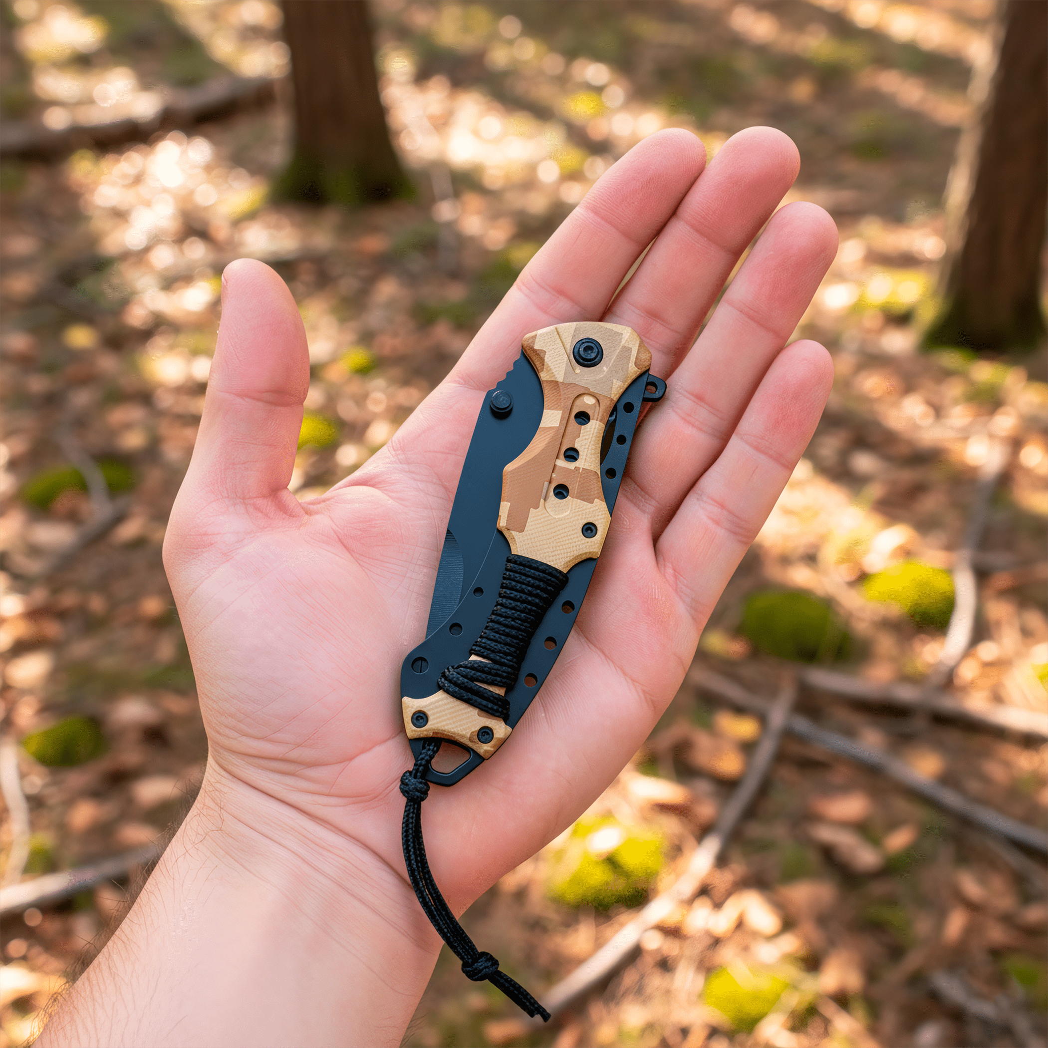 Navaja Automatica de Acero marca Razor Tactical modelo táctico militar, hoja 440 inoxidable de 9 cm con filo liso y dentado, clip de cinturón y diseño camuflaje para caza y supervivencia. RT 7022CA