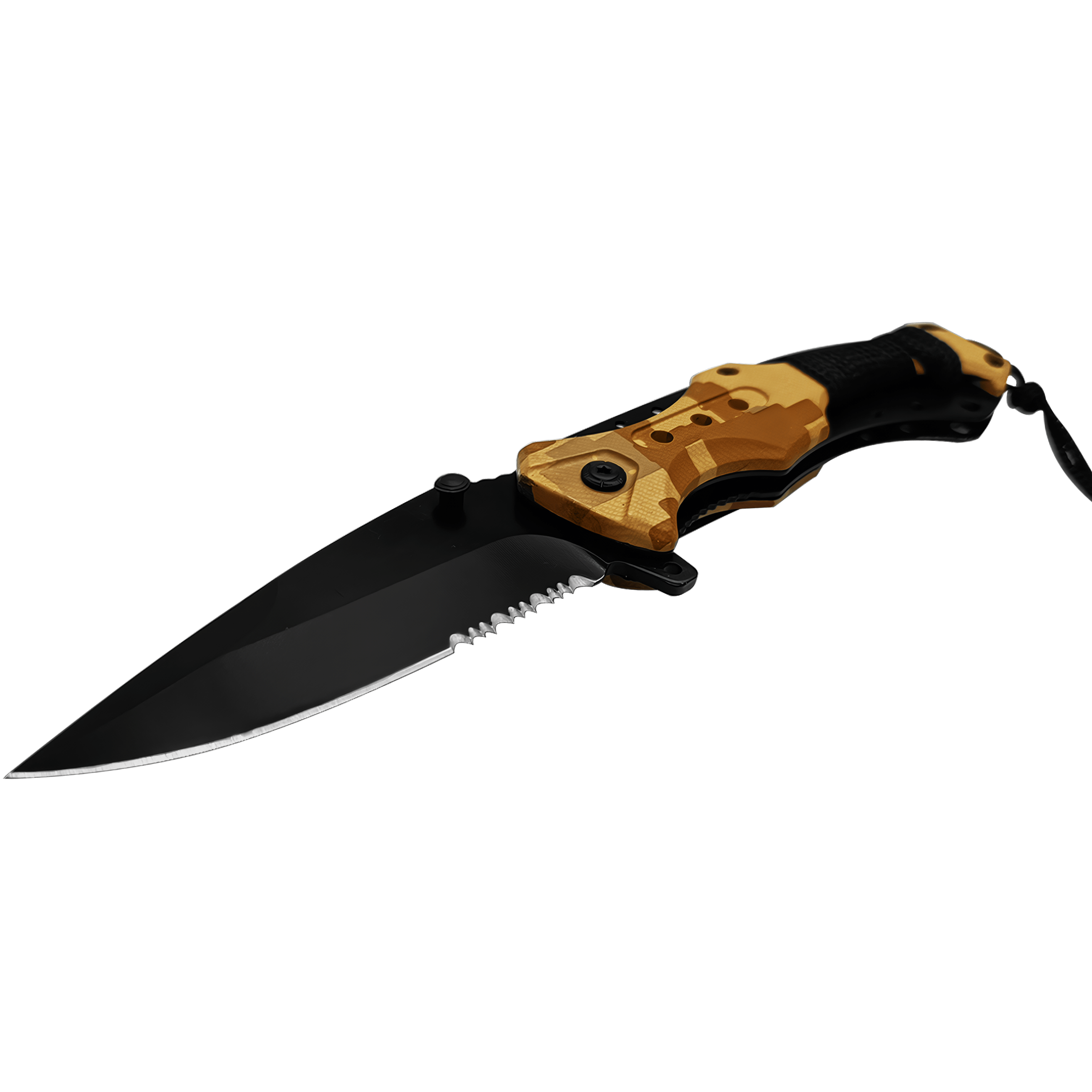 Navaja Automatica de Acero marca Razor Tactical modelo táctico militar, hoja 440 inoxidable de 9 cm con filo liso y dentado, clip de cinturón y diseño camuflaje para caza y supervivencia. RT 7022CA