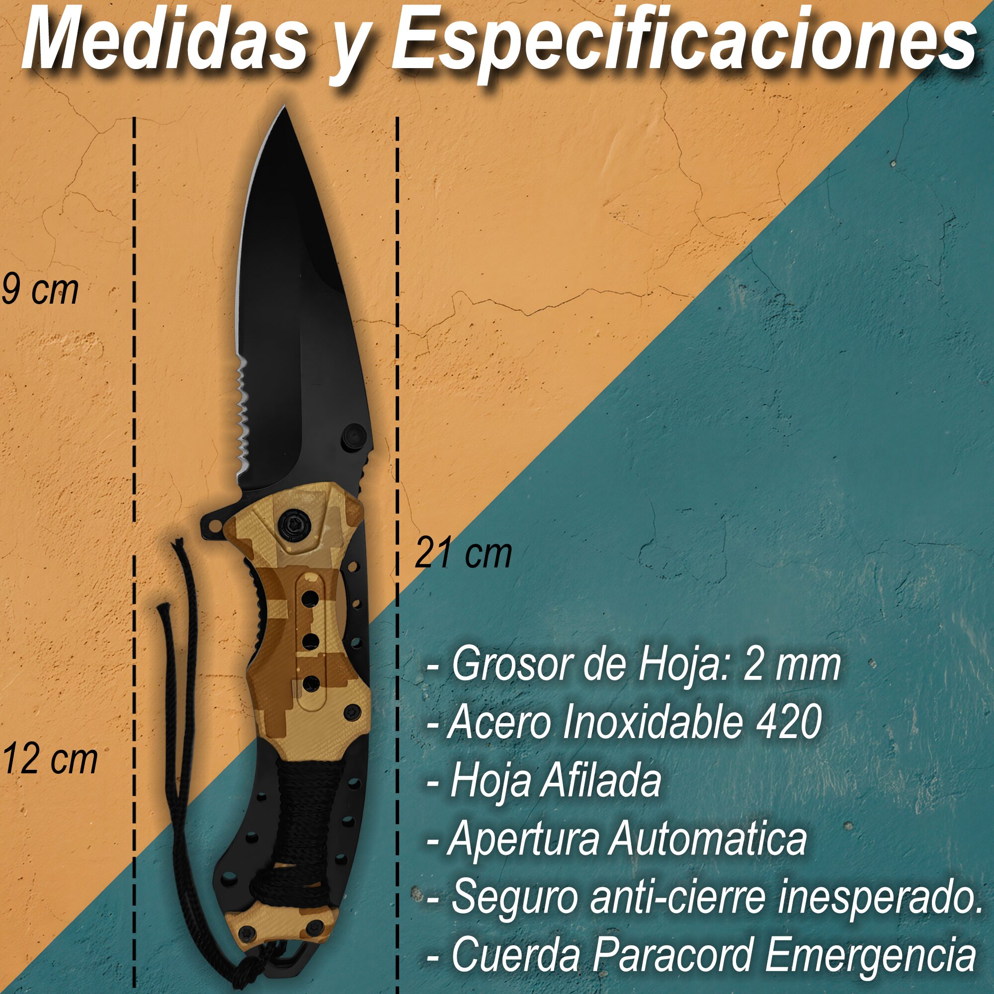 Navaja Automatica de Acero marca Razor Tactical modelo táctico militar, hoja 440 inoxidable de 9 cm con filo liso y dentado, clip de cinturón y diseño camuflaje para caza y supervivencia. RT 7022CA