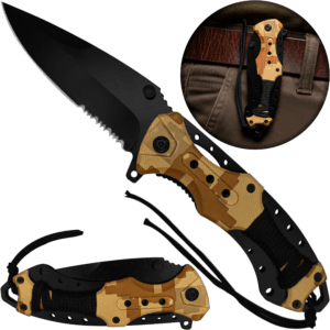 Navaja Automatica de Acero marca Razor Tactical modelo táctico militar, hoja 440 inoxidable de 9 cm con filo liso y dentado, clip de cinturón y diseño camuflaje para caza y supervivencia. RT 7022CA