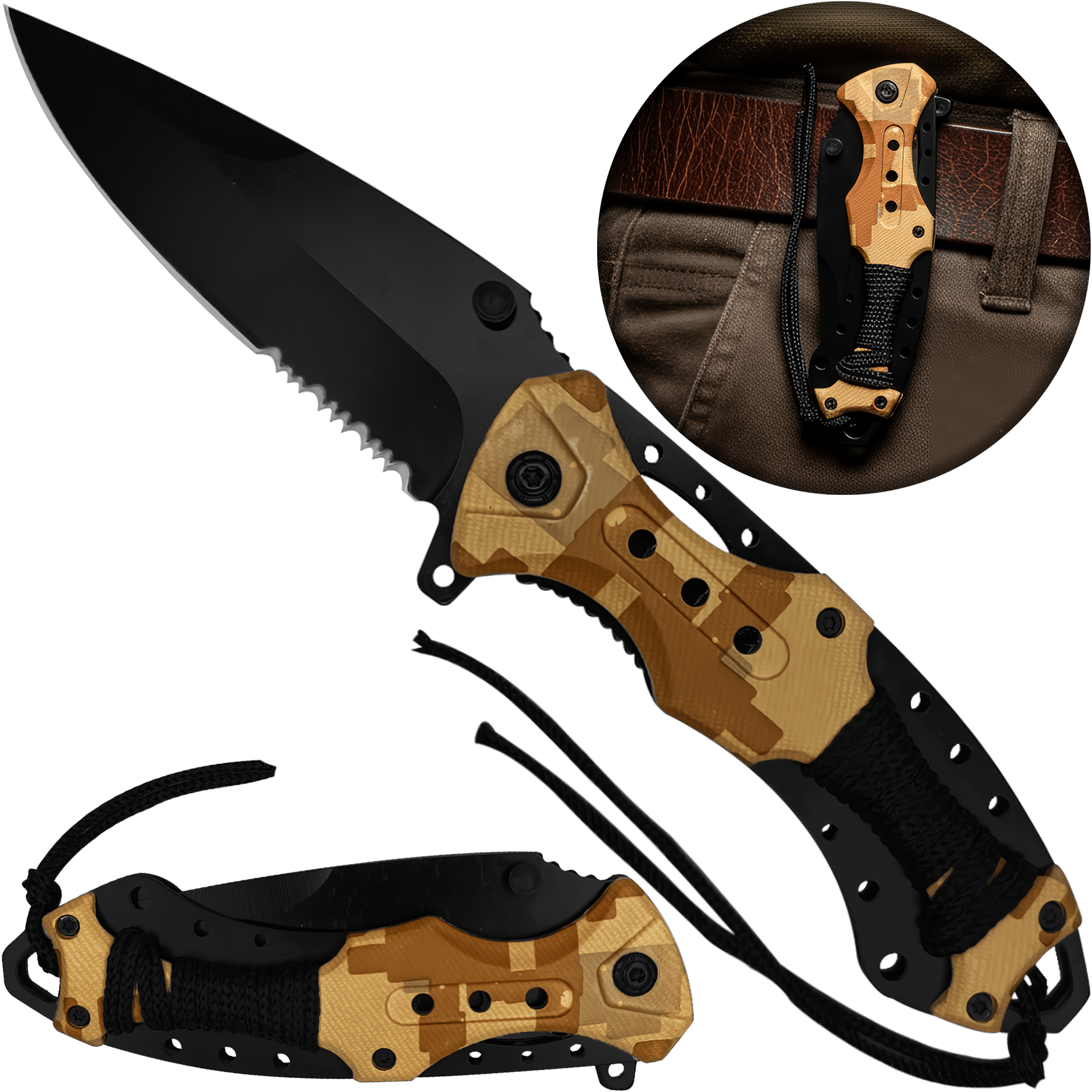 Navaja Automatica de Acero marca Razor Tactical modelo táctico militar, hoja 440 inoxidable de 9 cm con filo liso y dentado, clip de cinturón y diseño camuflaje para caza y supervivencia. RT 7022CA