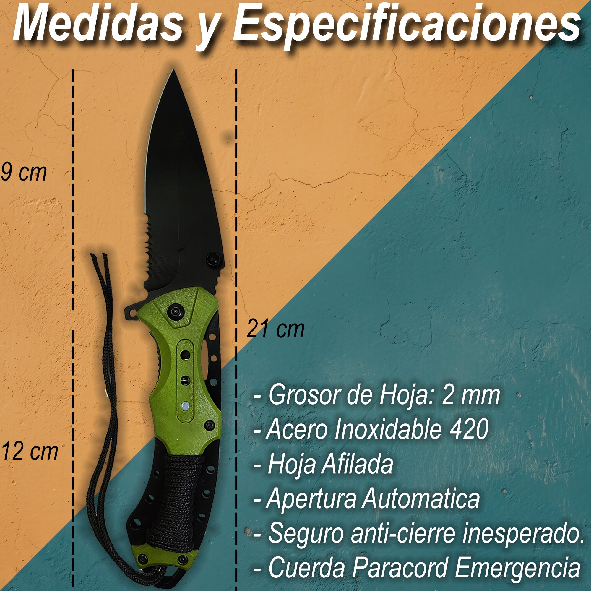 Navaja Automatica de Acero marca Razor Tactical modelo táctico militar, hoja 440 inoxidable de 9 cm con filo liso y dentado, clip de cinturón y diseño camuflaje para caza y supervivencia. RT 7022GN