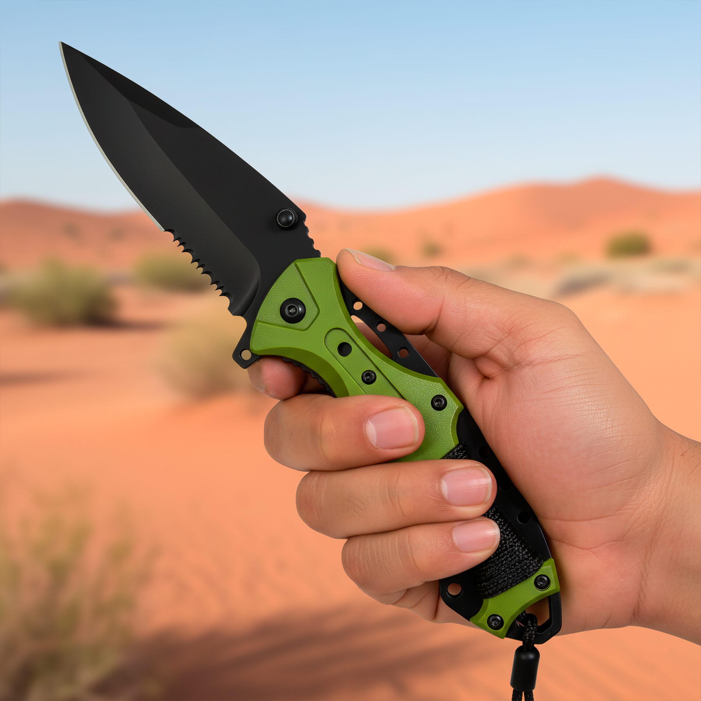 Navaja Automatica de Acero marca Razor Tactical modelo táctico militar, hoja 440 inoxidable de 9 cm con filo liso y dentado, clip de cinturón y diseño camuflaje para caza y supervivencia. RT 7022GN