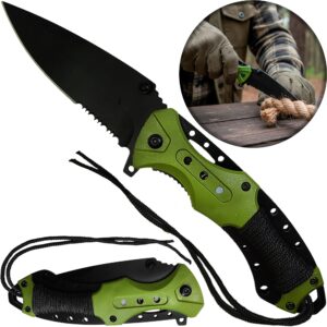Navaja Automatica de Acero marca Razor Tactical modelo táctico militar, hoja 440 inoxidable de 9 cm con filo liso y dentado, clip de cinturón y diseño camuflaje para caza y supervivencia. RT 7022GN