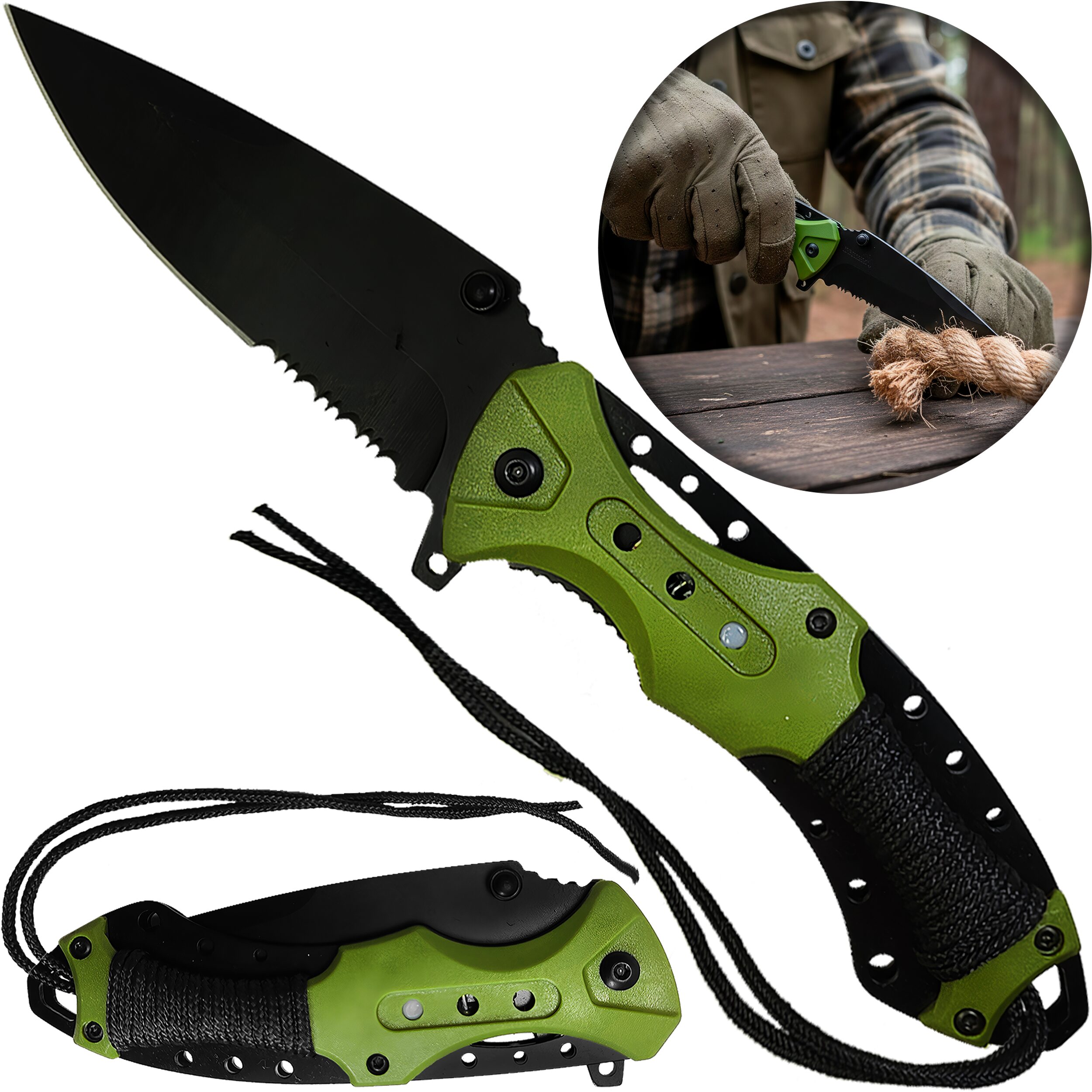 Navaja Automatica de Acero marca Razor Tactical modelo táctico militar, hoja 440 inoxidable de 9 cm con filo liso y dentado, clip de cinturón y diseño camuflaje para caza y supervivencia. RT 7022GN