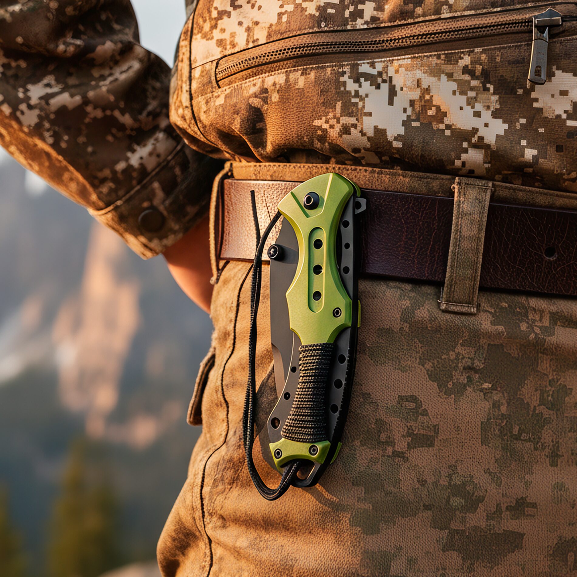 Navaja Automatica de Acero marca Razor Tactical modelo táctico militar, hoja 440 inoxidable de 9 cm con filo liso y dentado, clip de cinturón y diseño camuflaje para caza y supervivencia. RT 7022GN