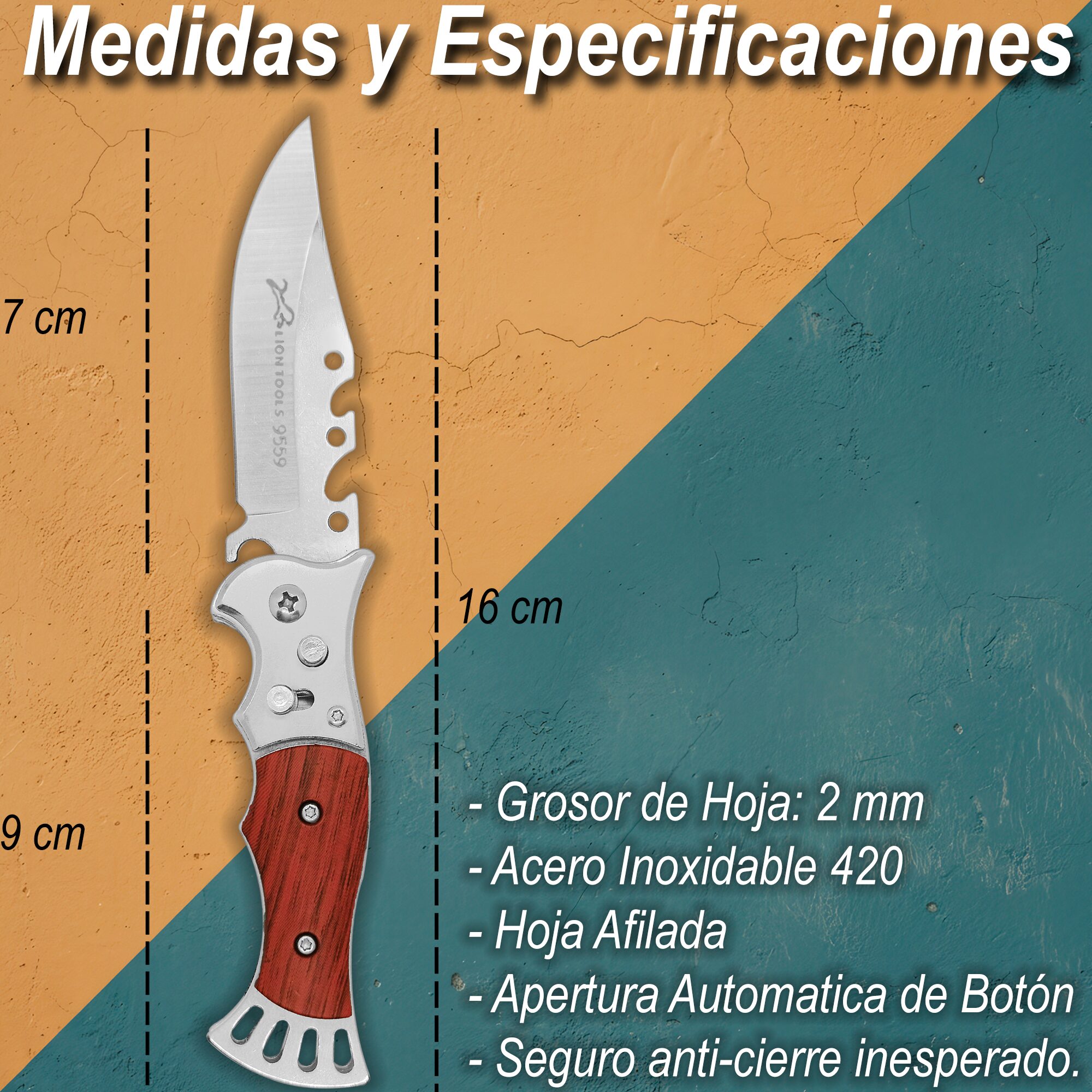 Navaja Automática Lion Tools con mango de madera, apertura de botón y hoja de acero inoxidable. 9559