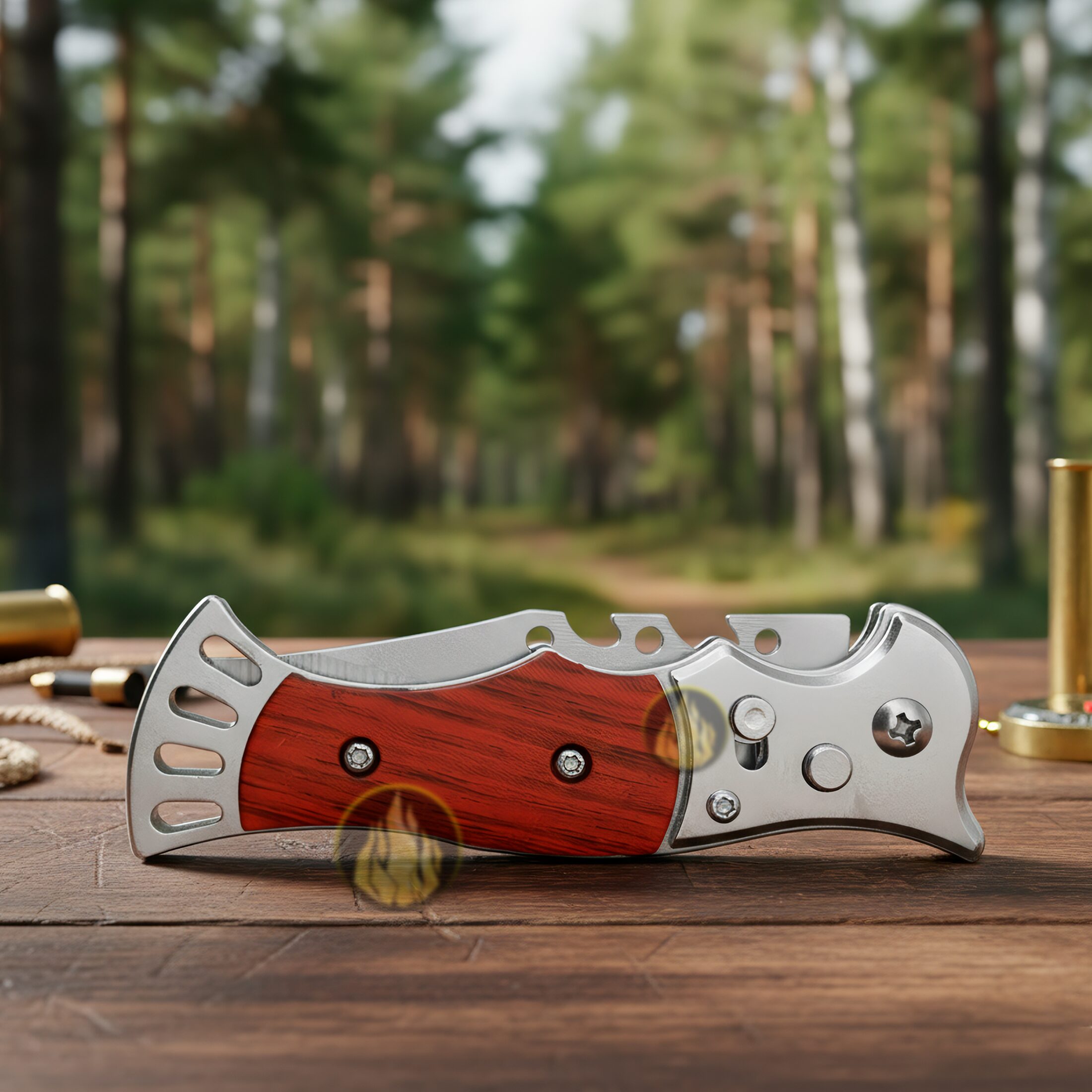 Navaja Automática Lion Tools con mango de madera, apertura de botón y hoja de acero inoxidable. 9559