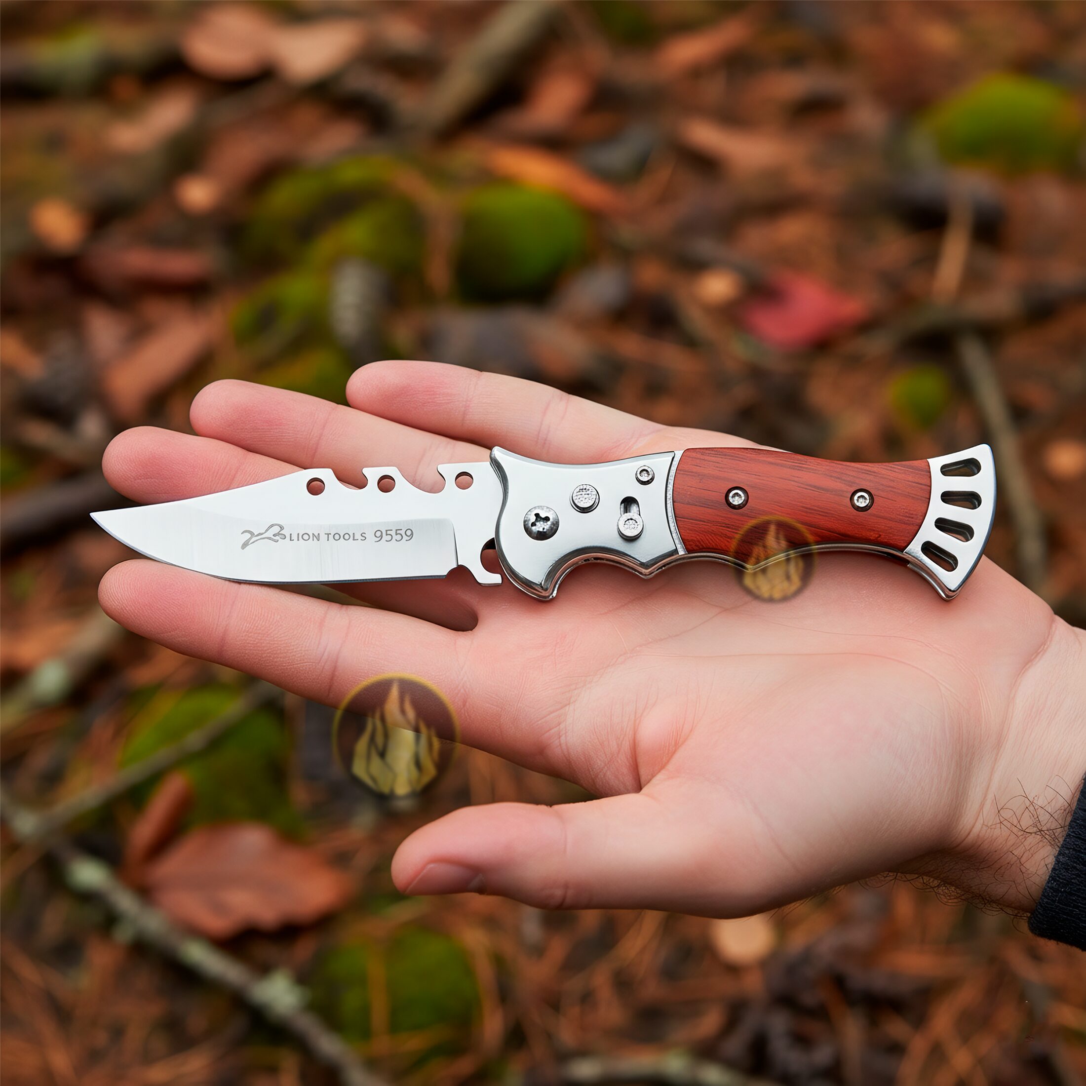 Navaja Automática Lion Tools con mango de madera, apertura de botón y hoja de acero inoxidable. 9559