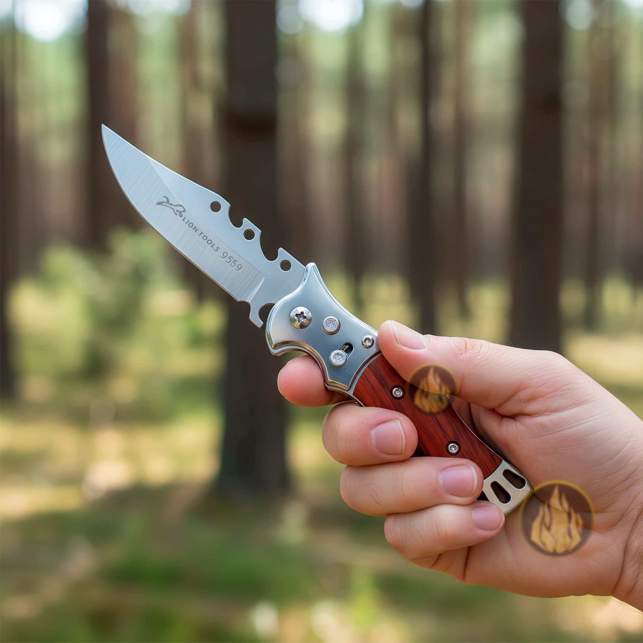 Navaja Automática Lion Tools con mango de madera, apertura de botón y hoja de acero inoxidable. 9559