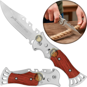 Navaja Automática Lion Tools con mango de madera, apertura de botón y hoja de acero inoxidable. 9559