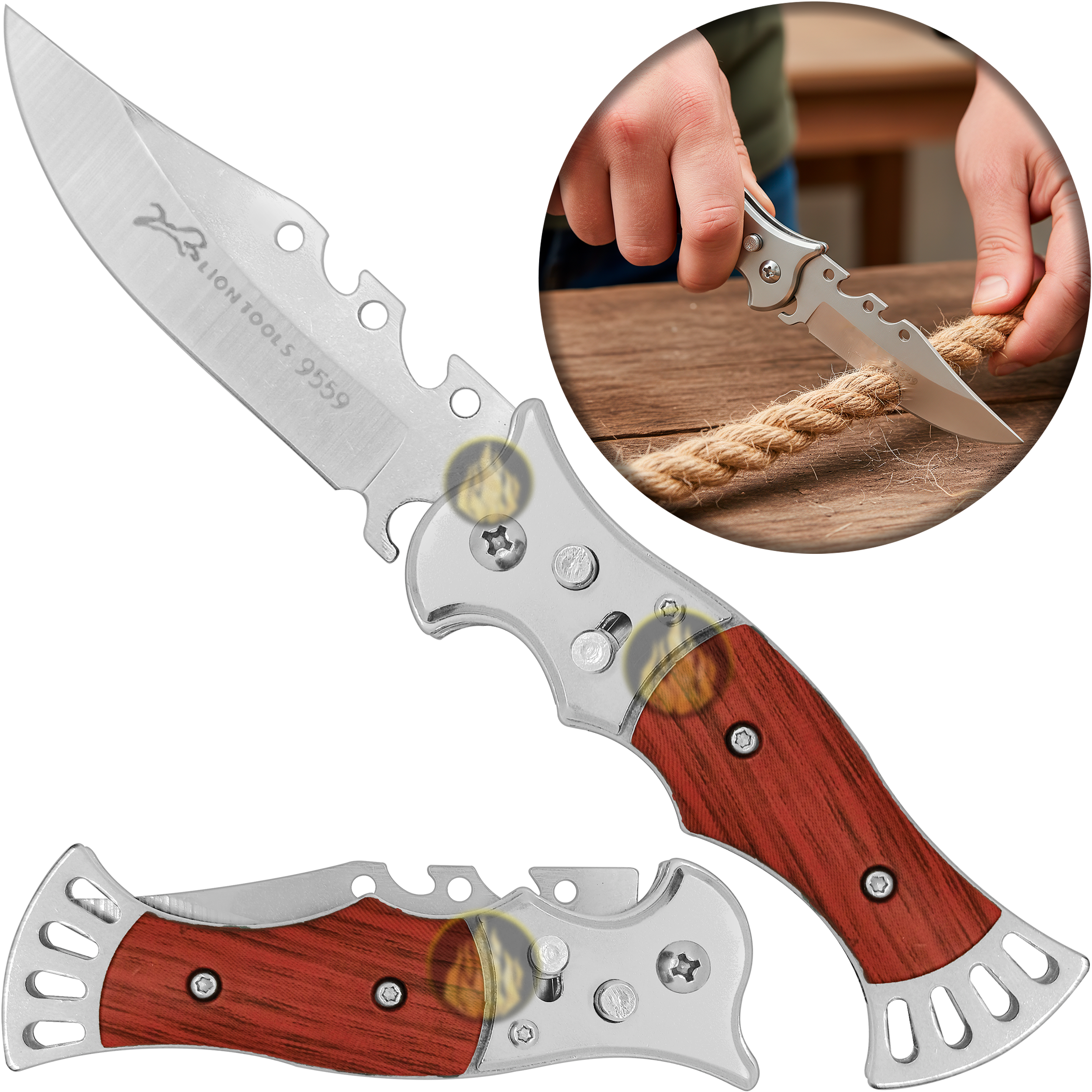 Navaja Automática Lion Tools con mango de madera, apertura de botón y hoja de acero inoxidable. 9559
