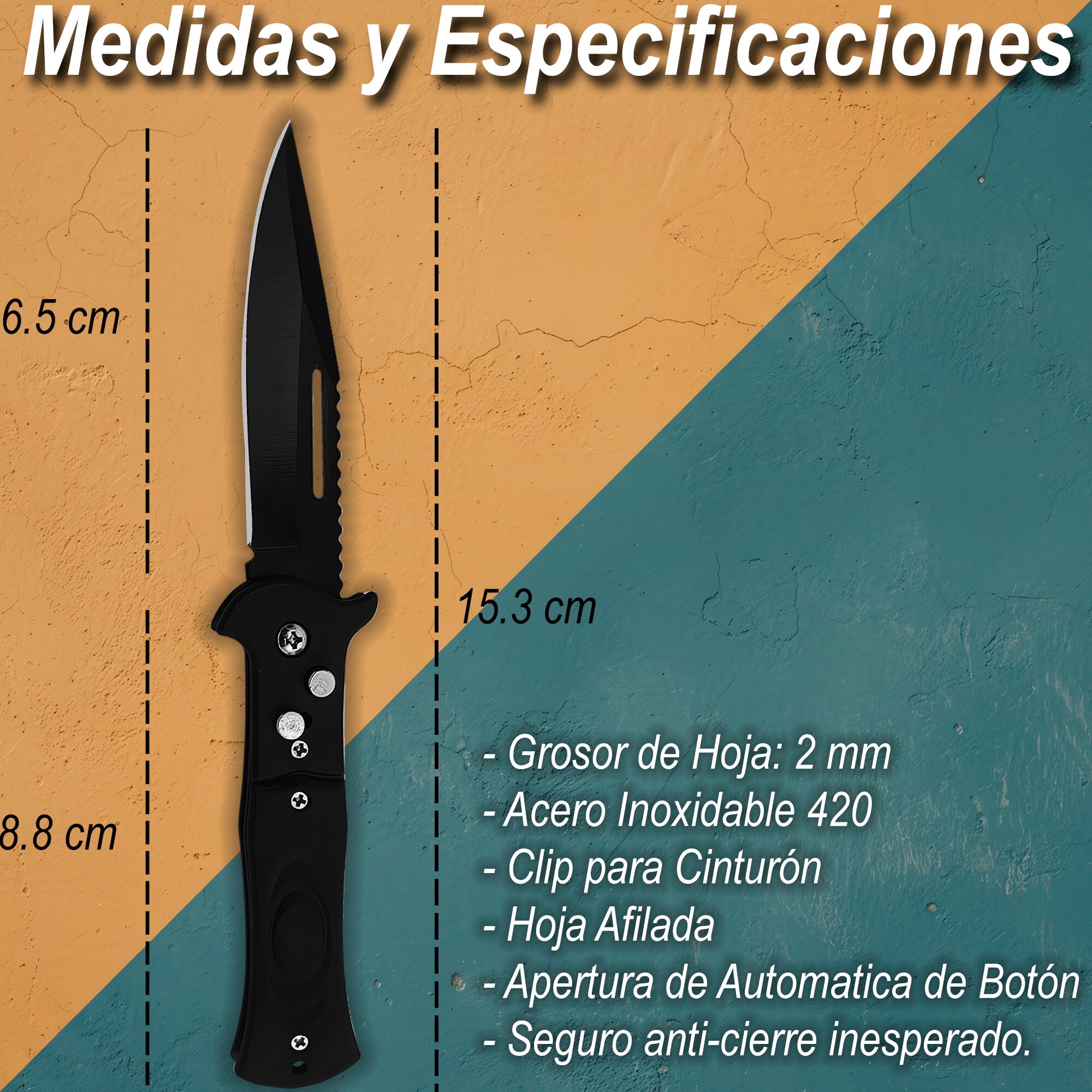 Navaja Automática Lion Tools pavonada con apertura de botón, hoja de acero inoxidable y seguro integrado. 9517