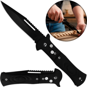 Navaja Automática Lion Tools pavonada con apertura de botón, hoja de acero inoxidable y seguro integrado. 9517