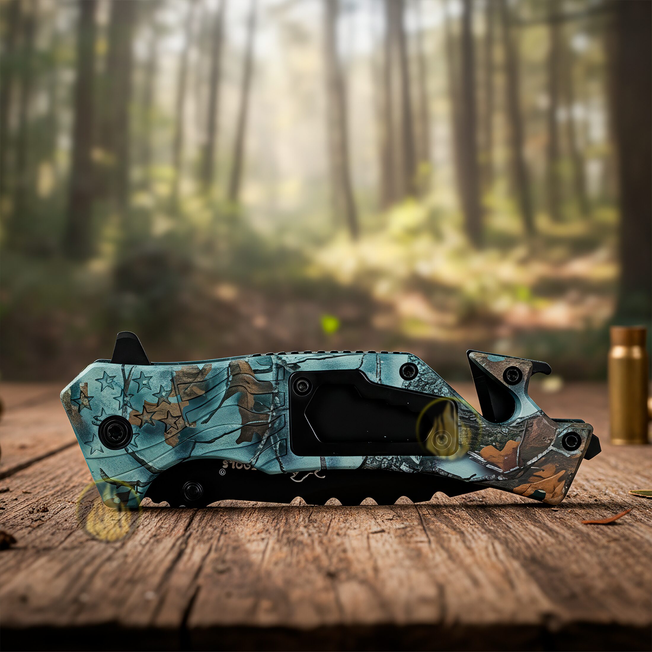 Navaja Automática Multiherramienta camuflaje marca genérica, con apertura automática por botón, hoja de acero inoxidable de 8.5 cm y mango de 12 cm estilo supervivencia. 7077