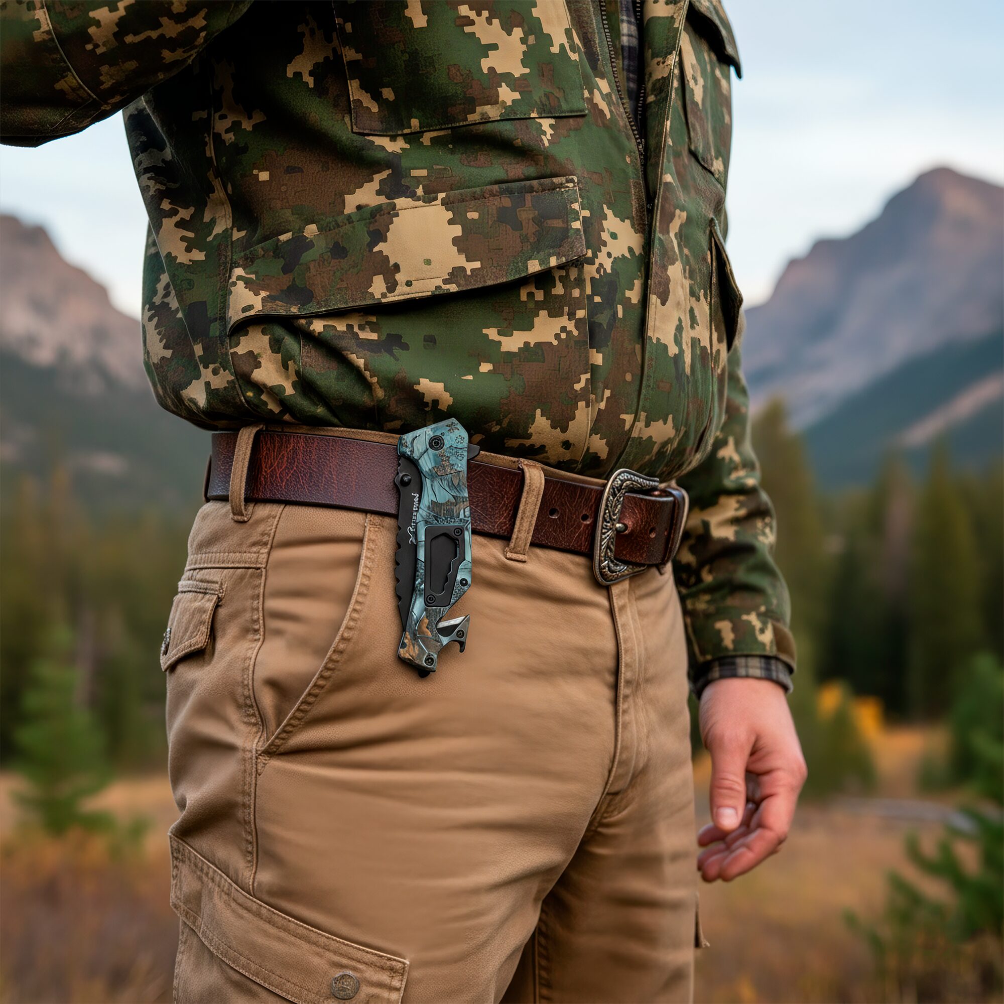 Navaja Automática Multiherramienta camuflaje marca genérica, con apertura automática por botón, hoja de acero inoxidable de 8.5 cm y mango de 12 cm estilo supervivencia. 7077