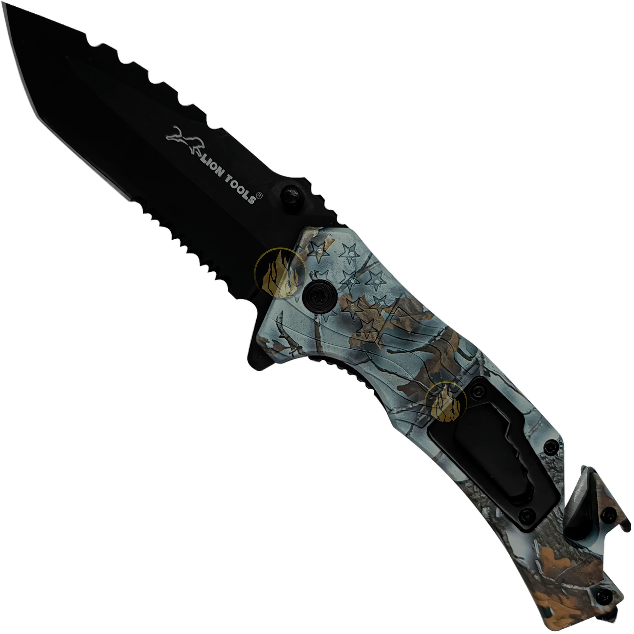 Navaja Automática Multiherramienta camuflaje marca genérica, con apertura automática por botón, hoja de acero inoxidable de 8.5 cm y mango de 12 cm estilo supervivencia. 7077