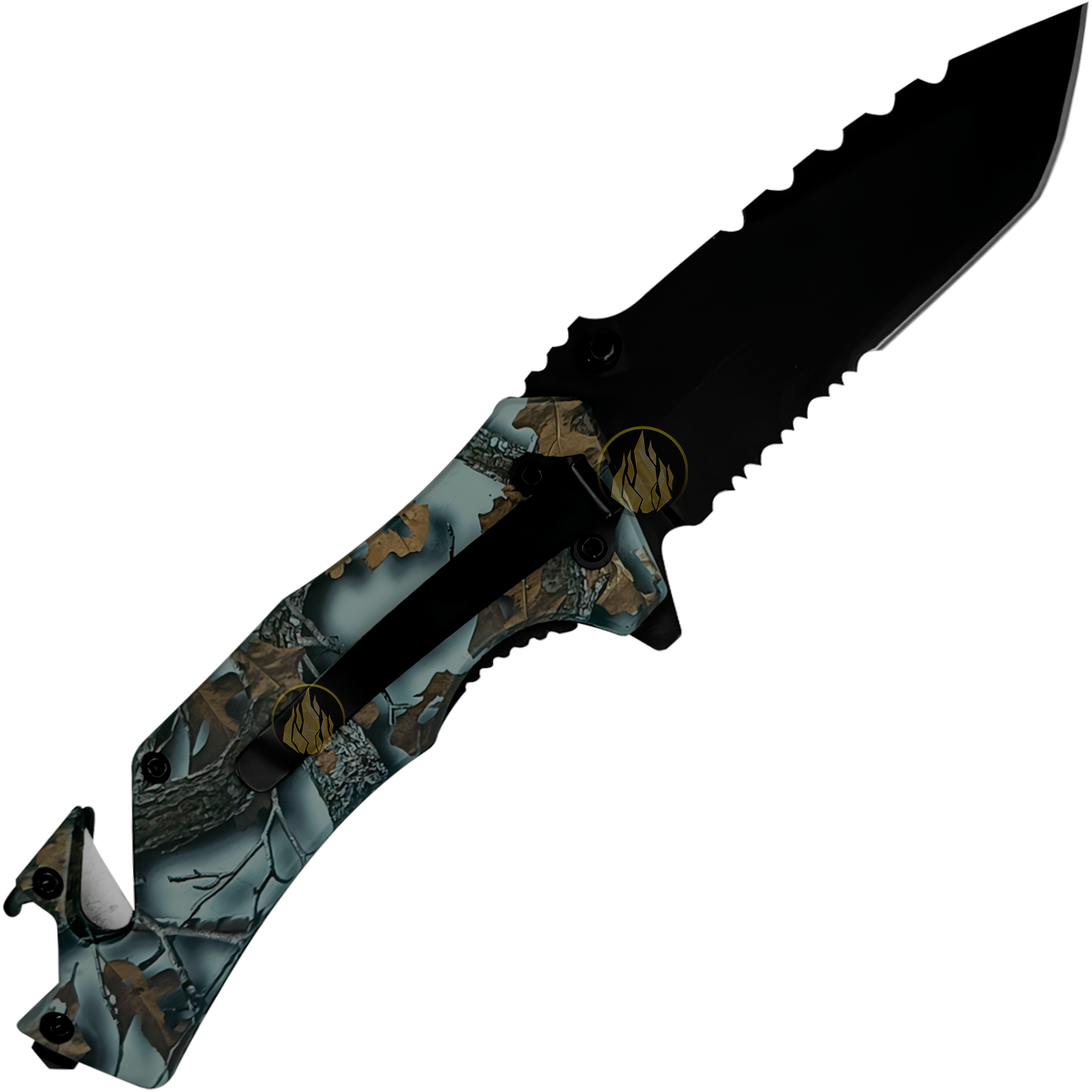 Navaja Automática Multiherramienta camuflaje marca genérica, con apertura automática por botón, hoja de acero inoxidable de 8.5 cm y mango de 12 cm estilo supervivencia. 7077