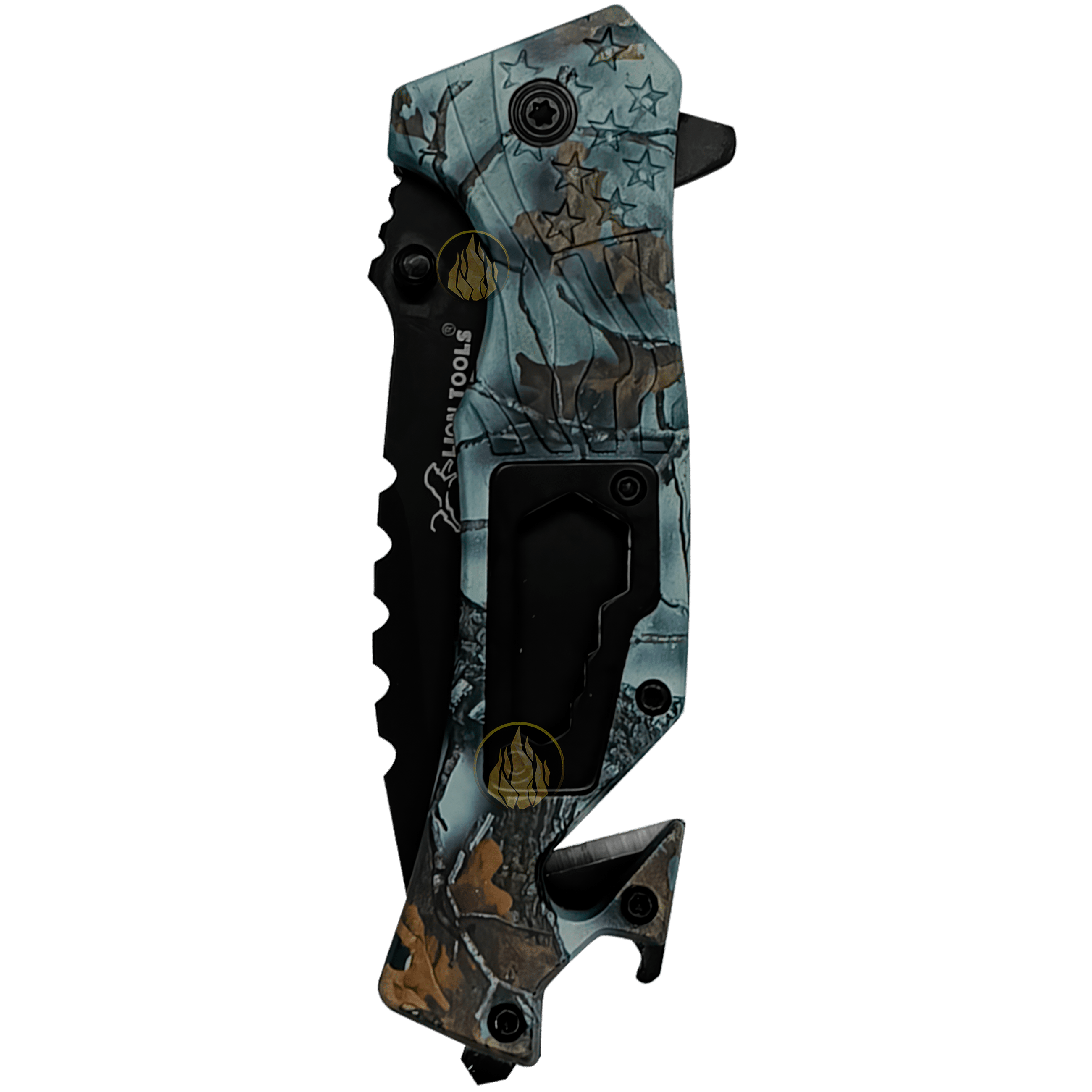 Navaja Automática Multiherramienta camuflaje marca genérica, con apertura automática por botón, hoja de acero inoxidable de 8.5 cm y mango de 12 cm estilo supervivencia. 7077