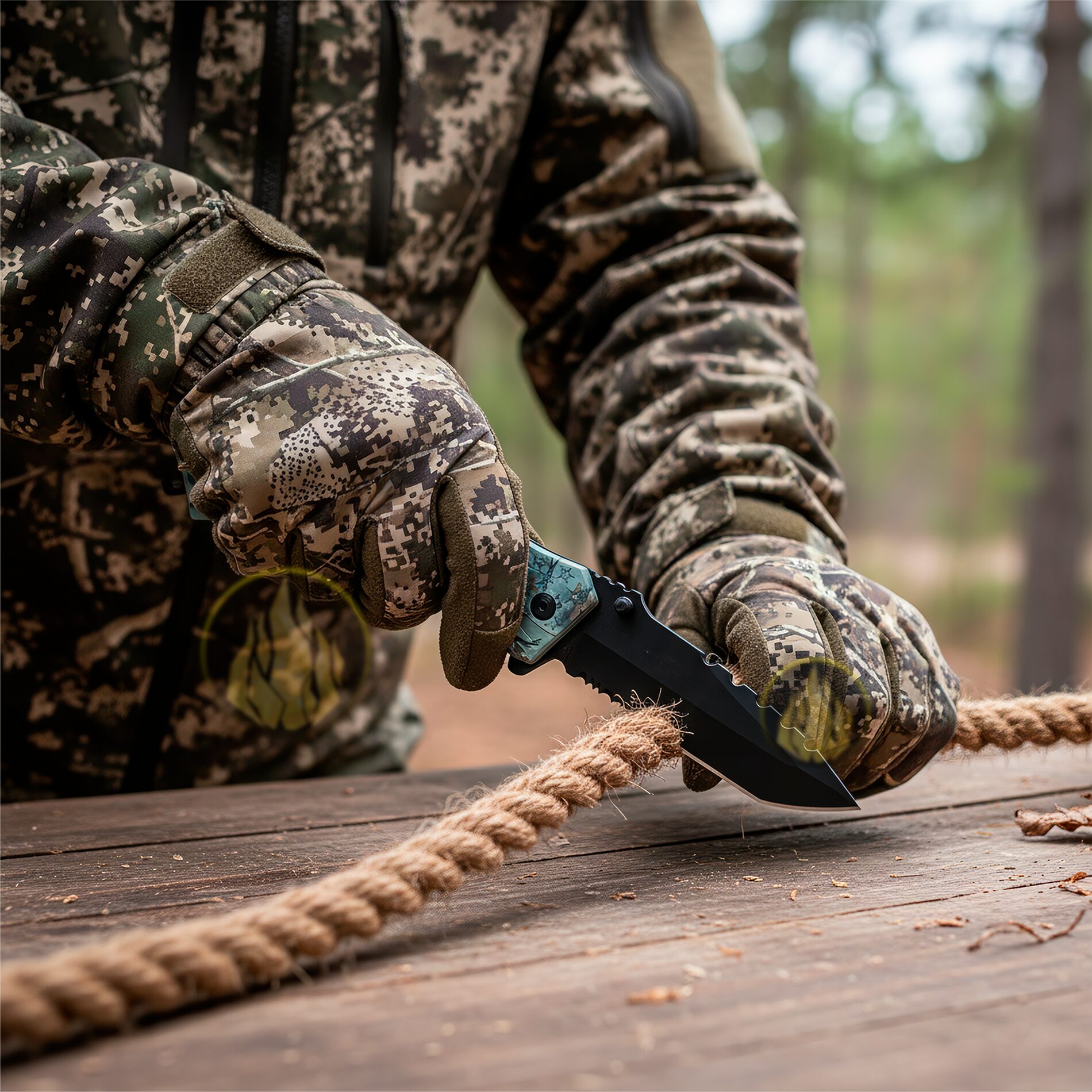 Navaja Automática Multiherramienta camuflaje marca genérica, con apertura automática por botón, hoja de acero inoxidable de 8.5 cm y mango de 12 cm estilo supervivencia. 7077