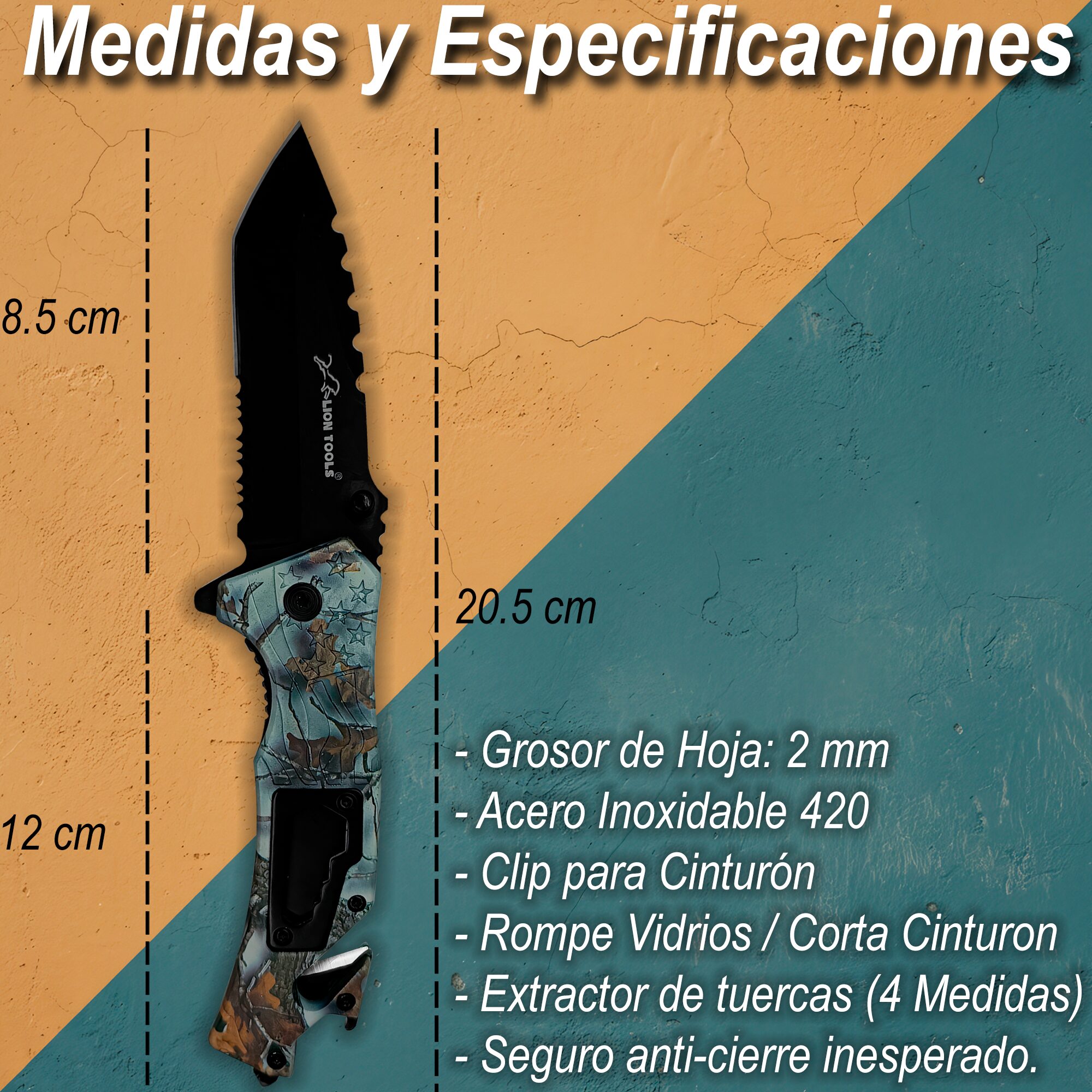 Navaja Automática Multiherramienta camuflaje marca genérica, con apertura automática por botón, hoja de acero inoxidable de 8.5 cm y mango de 12 cm estilo supervivencia. 7077