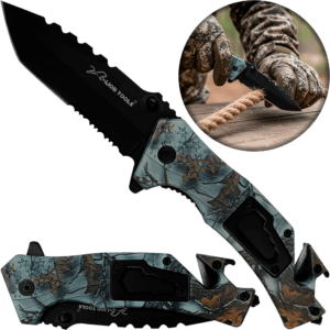 Navaja Automática Multiherramienta camuflaje marca genérica, con apertura automática por botón, hoja de acero inoxidable de 8.5 cm y mango de 12 cm estilo supervivencia. 7077