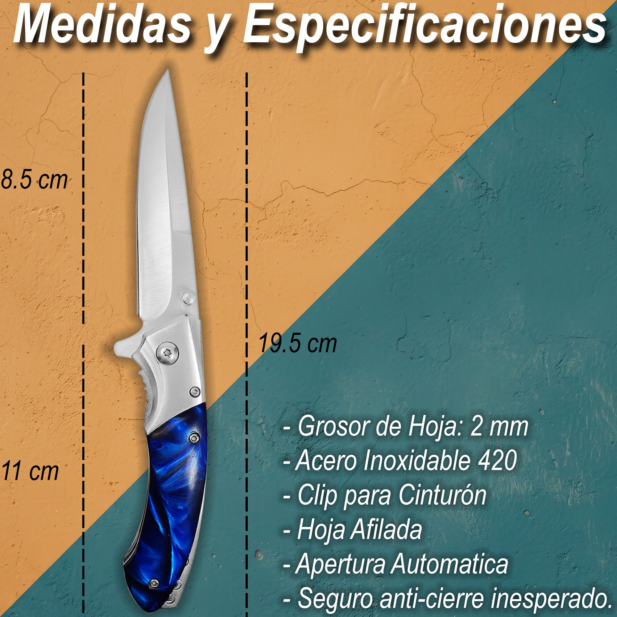 Navaja Automatica marca Razor Tactical con mango cachas de perla y madera, hoja de acero inoxidable 440 de 8.5 cm, estilo táctico de caza y supervivencia. RT 7087BL