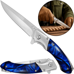 Navaja Automatica marca Razor Tactical con mango cachas de perla y madera, hoja de acero inoxidable 440 de 8.5 cm, estilo táctico de caza y supervivencia. RT 7087BL