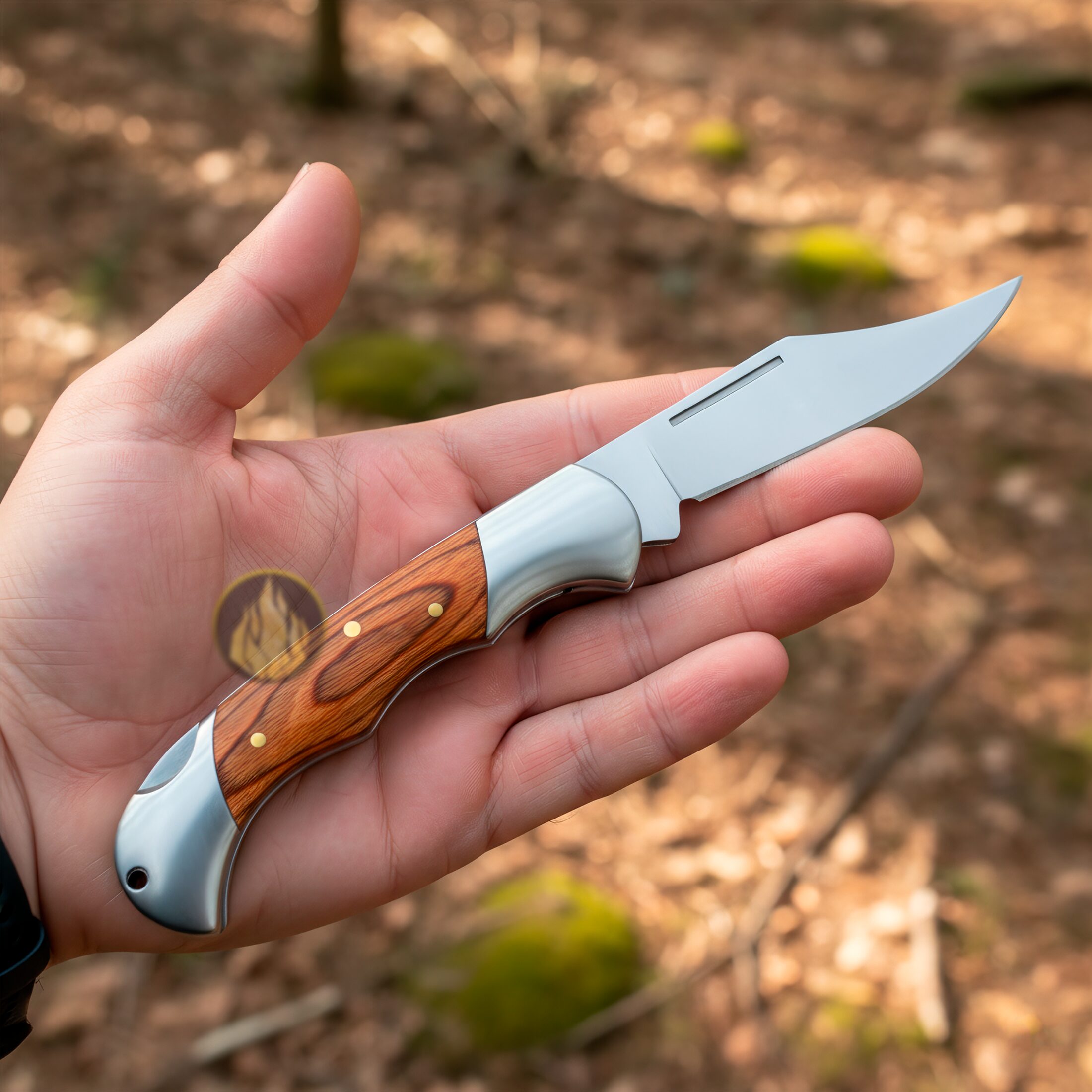 Navaja Cachas De Madera Lion Tools modelo 6591 con hoja de acero inoxidable 420 y apertura manual con muelle.