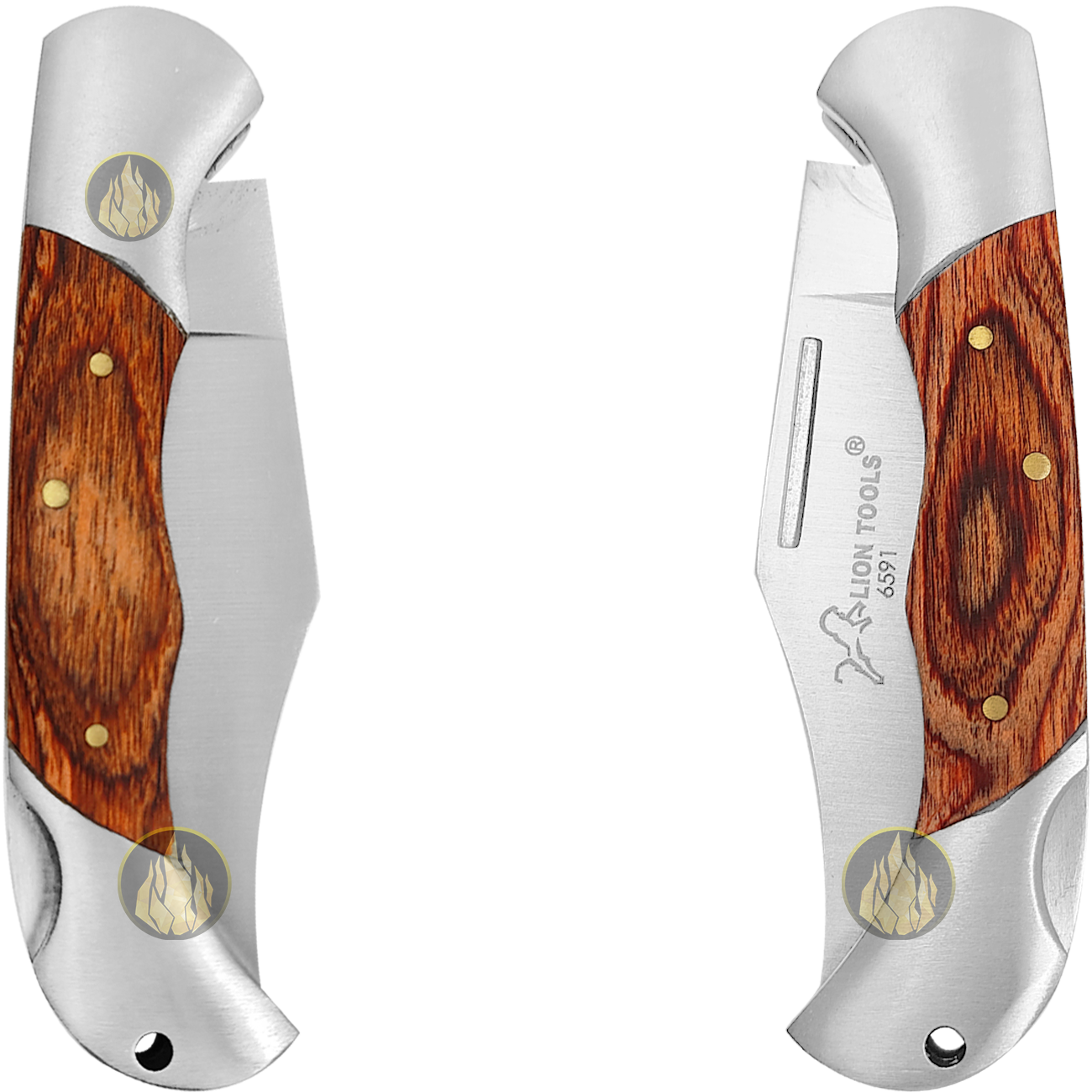 Navaja Cachas De Madera Lion Tools modelo 6591 con hoja de acero inoxidable 420 y apertura manual con muelle.